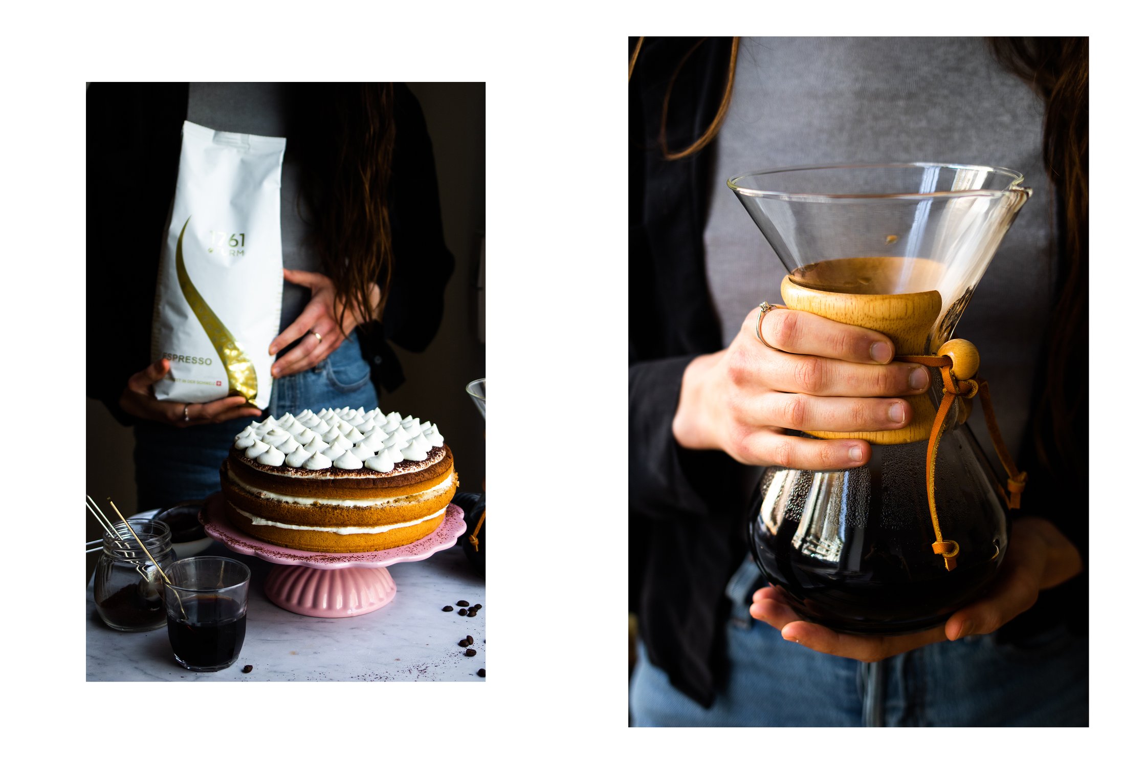Tiramisu Cake with Creme and Coffee in a Glas and a Carafe