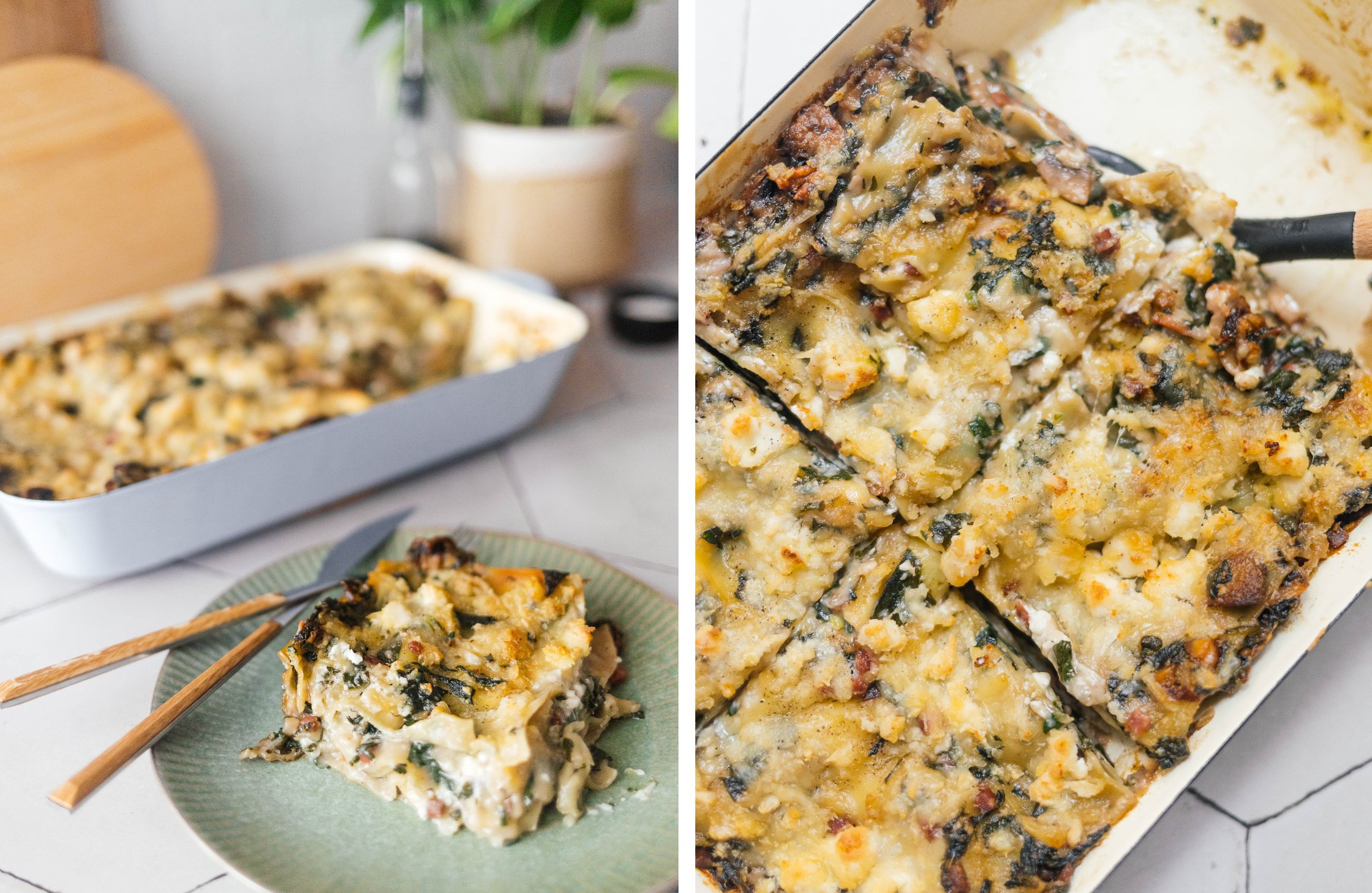 a piece of vegan spinach lasagna on a plate, the casserole dish in the background; vegan spinach lasagna sliced in a casserol