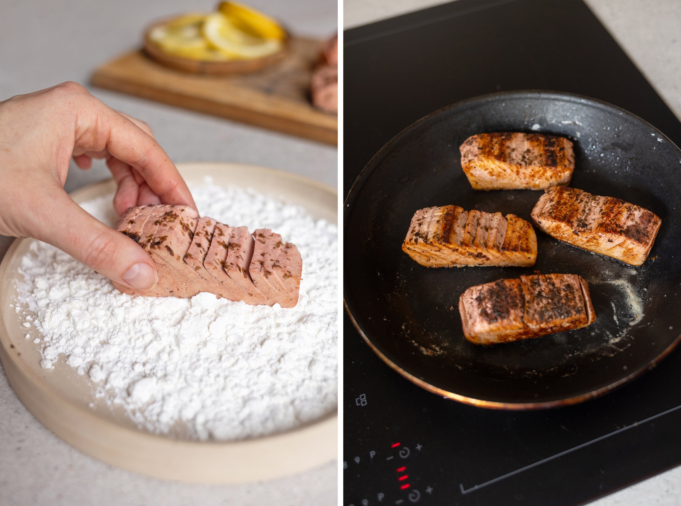 tofustück wird in speisestärke gelegt und in der pfanne angebraten