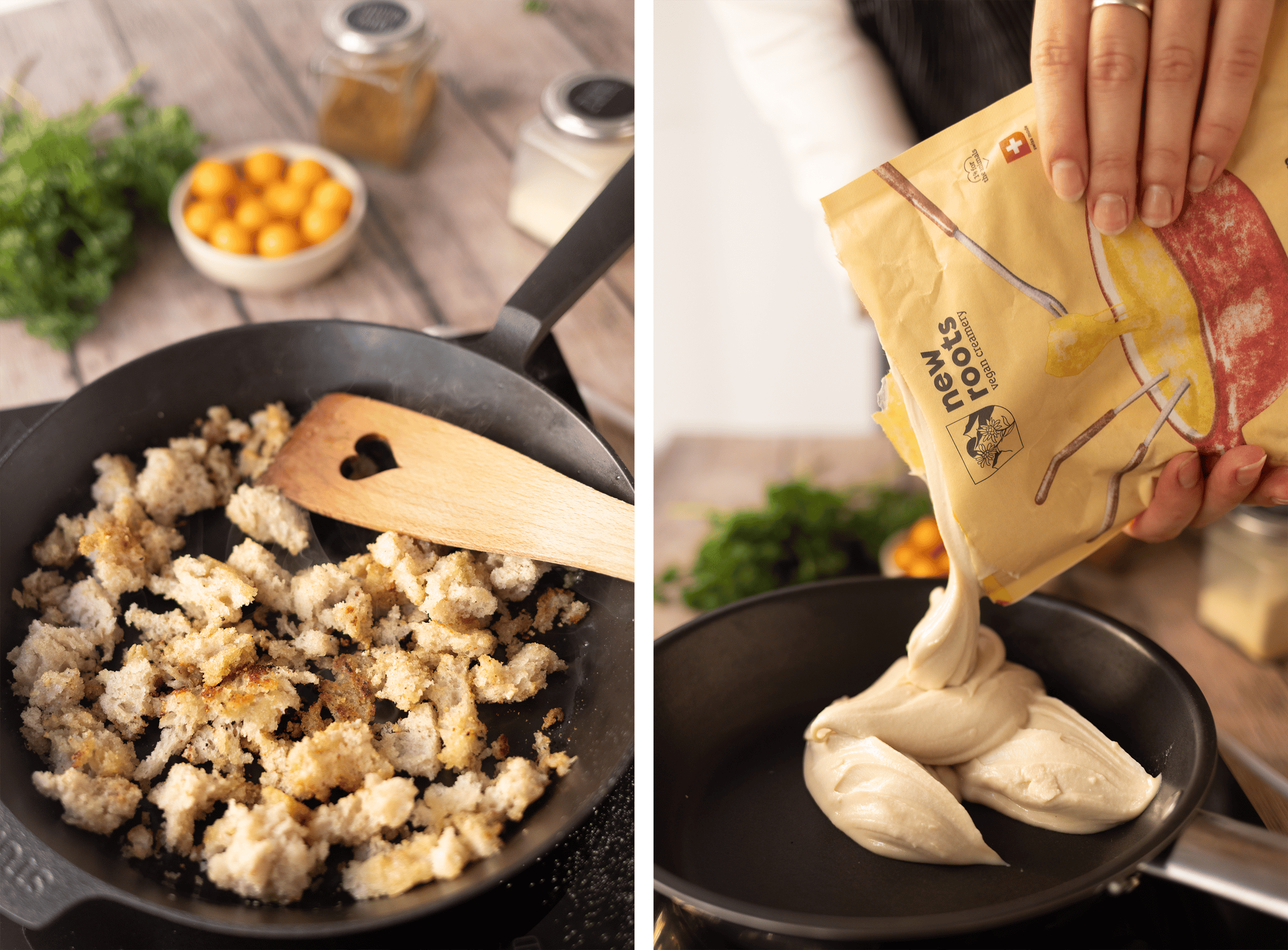 Zubereitung crunchy Topping und Fondue.