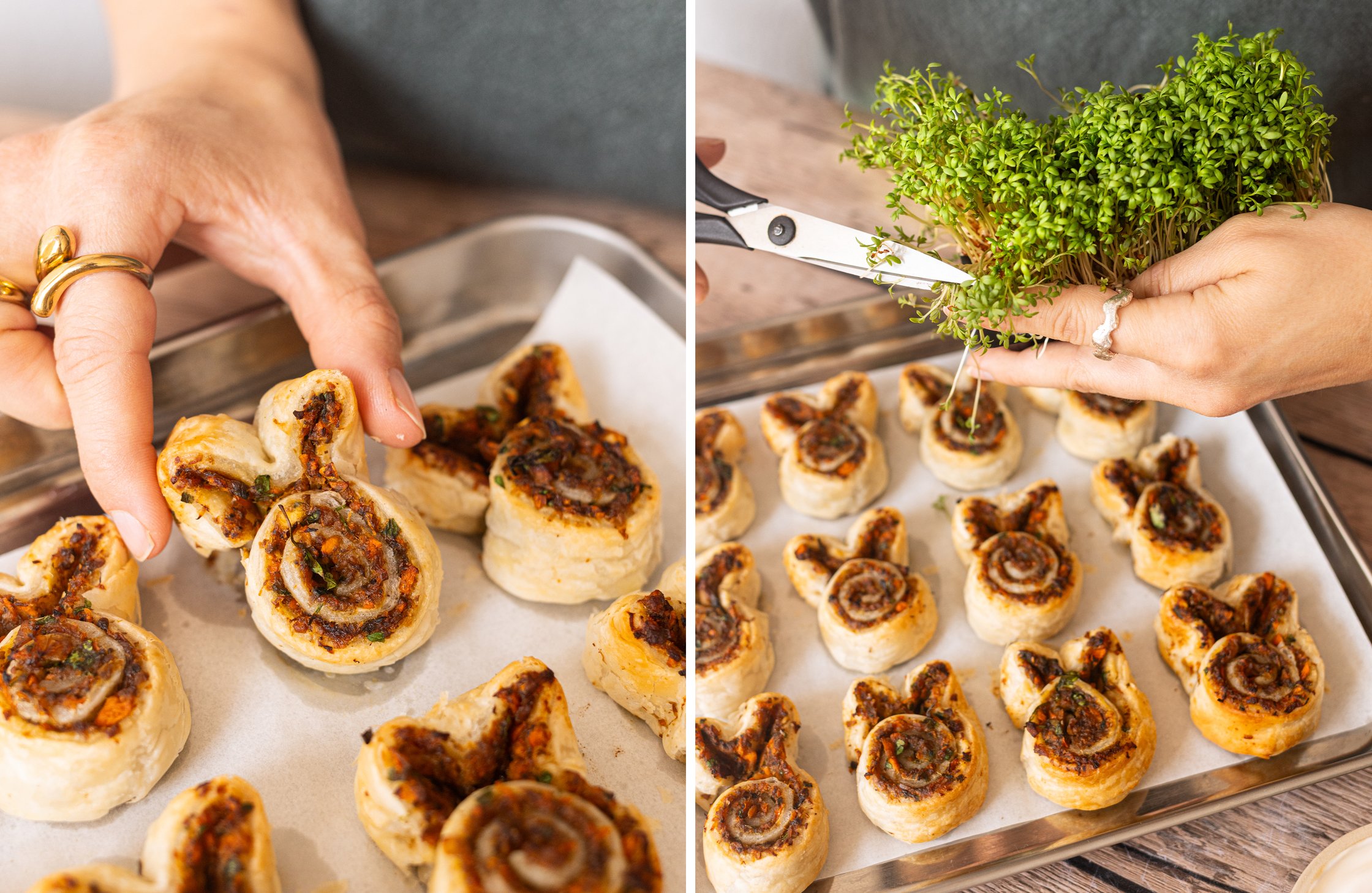 Two-part image - Left: a hand holds a puff pastry bunny. Right: cress is being cut.