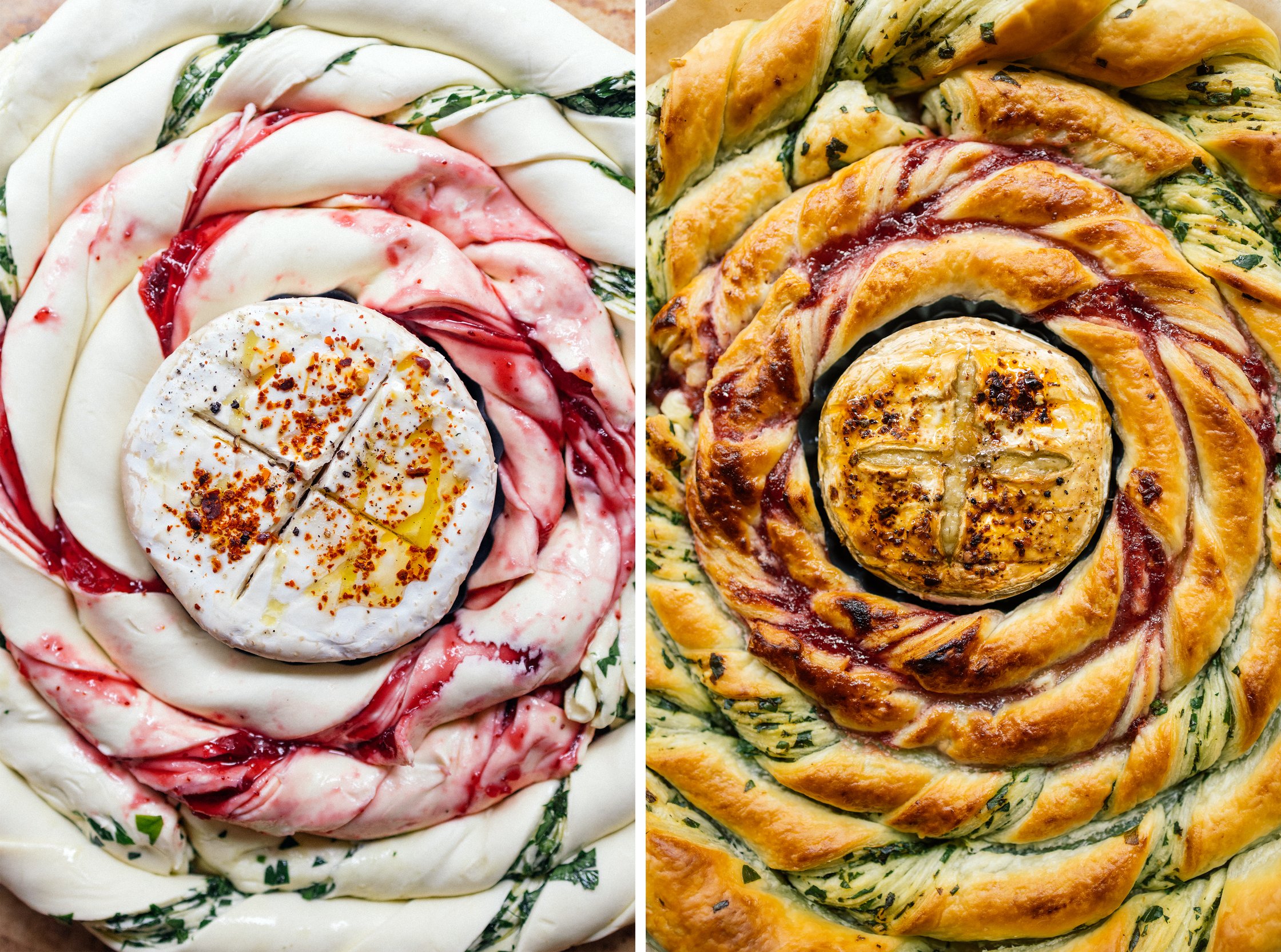 Veganer Back-Camembert im Blätterteig-Kranz vor und nach dem backen