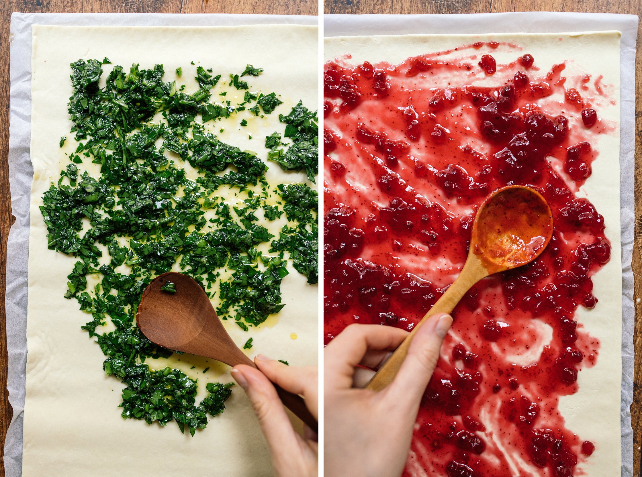 veganen blätterteig mit kräuteröl und preiselbeermarmelade bestreichen