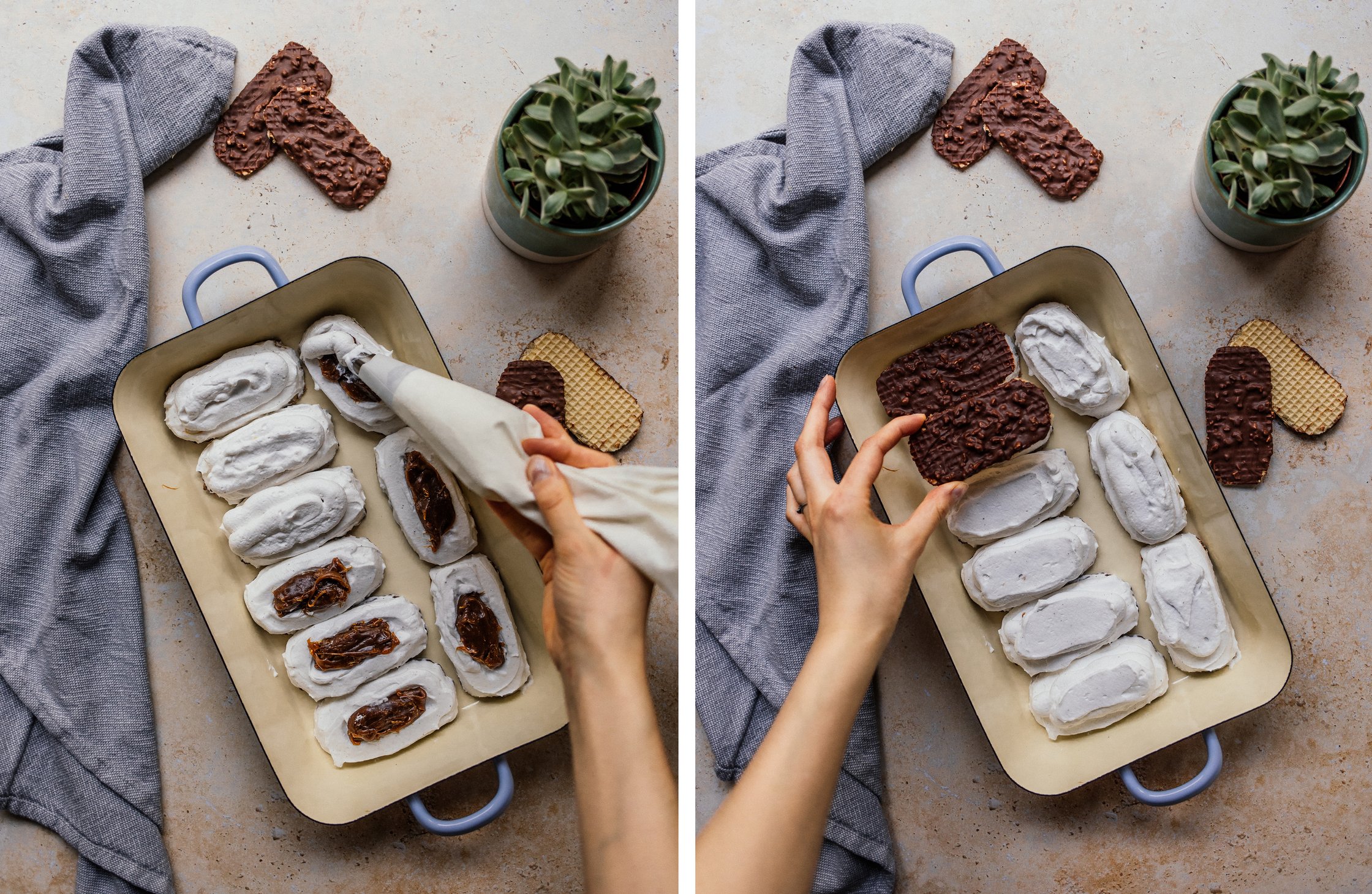 spreading vegan cream on waffle platters using a piping bag; covering the bars with waffle platters
