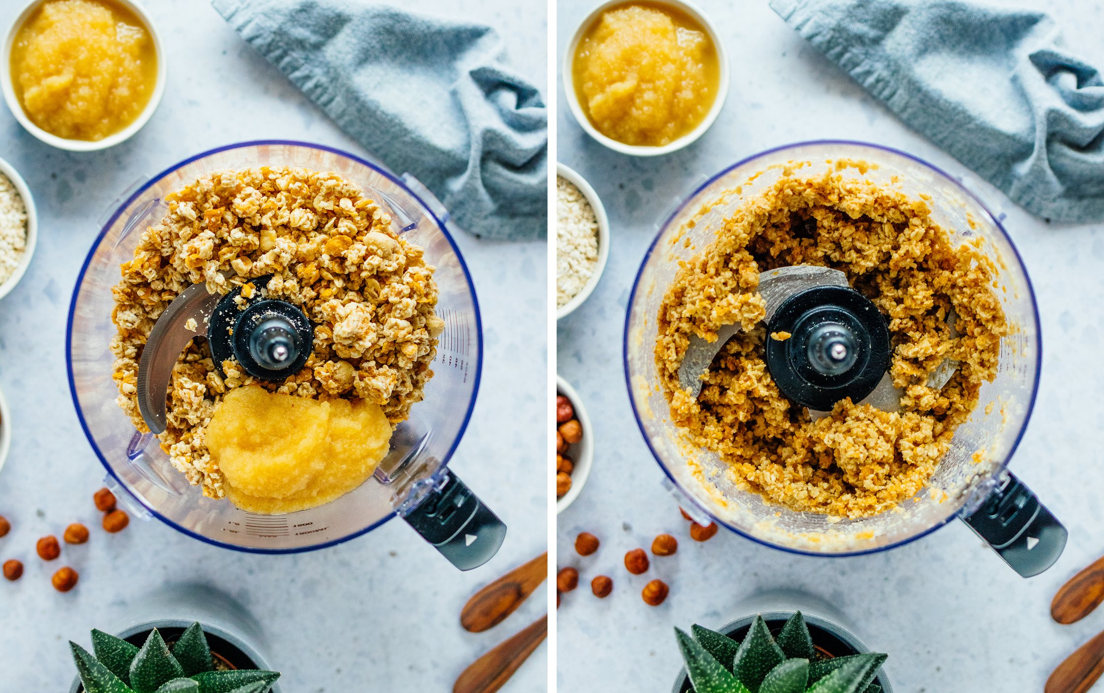 Müsli, vegane Butter und Apfelmus in einem Mixer