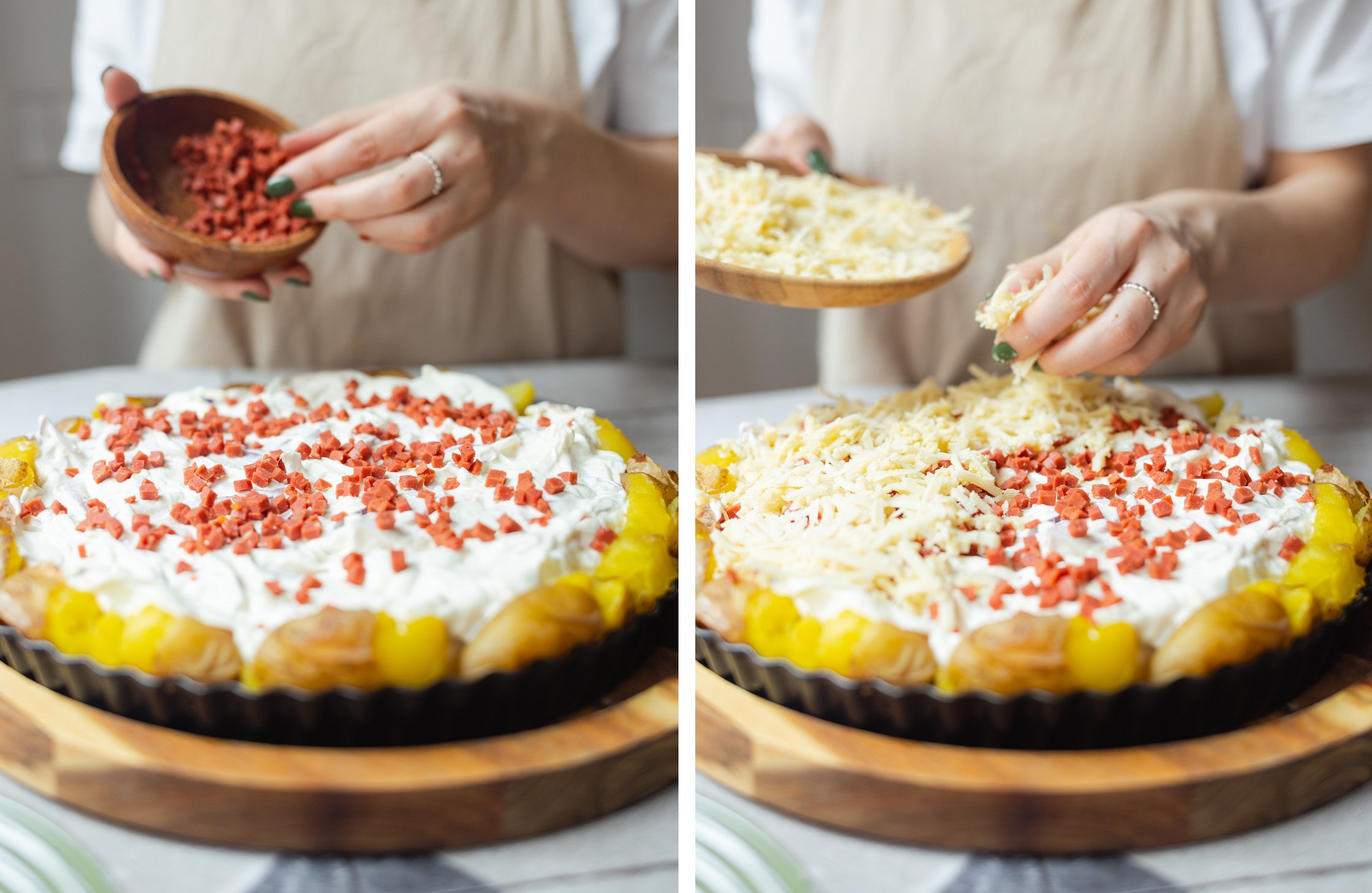 spreading vegan bacon and cheese on the tarte