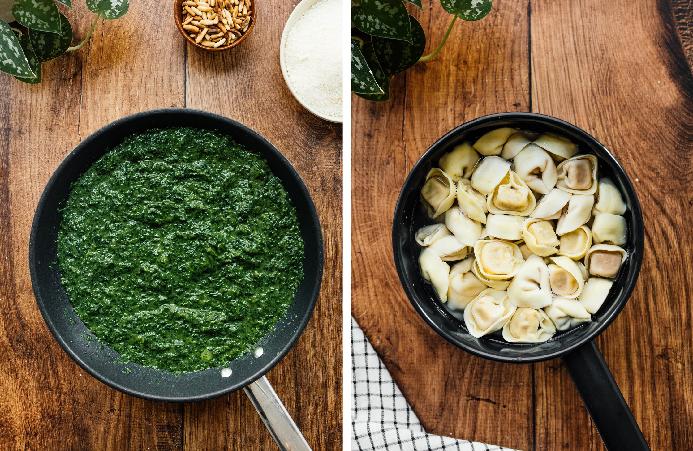 cooking spinach and tortellini