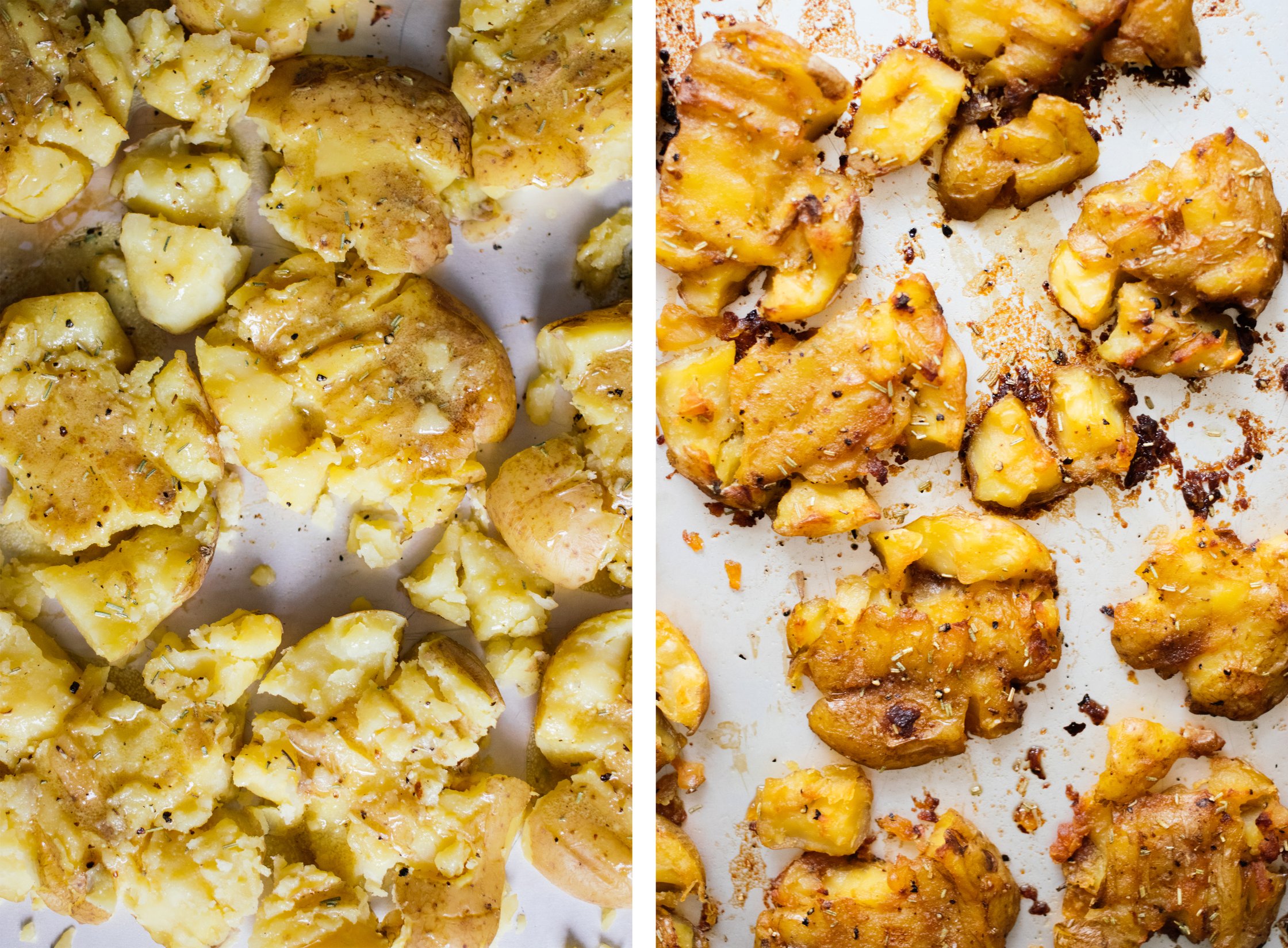 smashed potatoes before and after baking