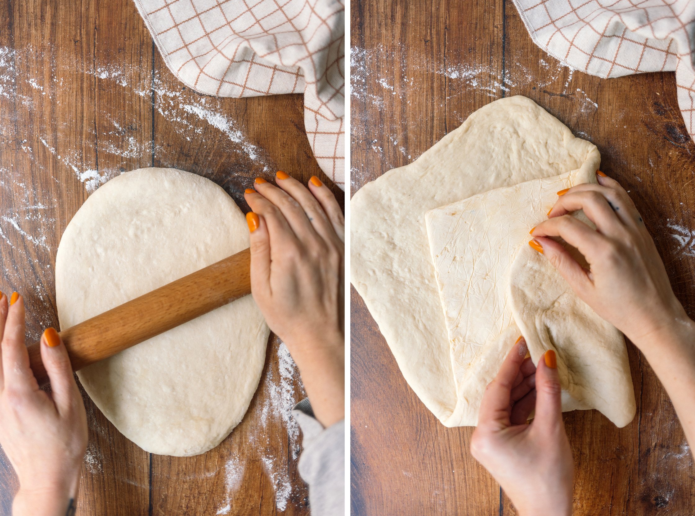 rolling out and wrapping yeast dough around vegan butter