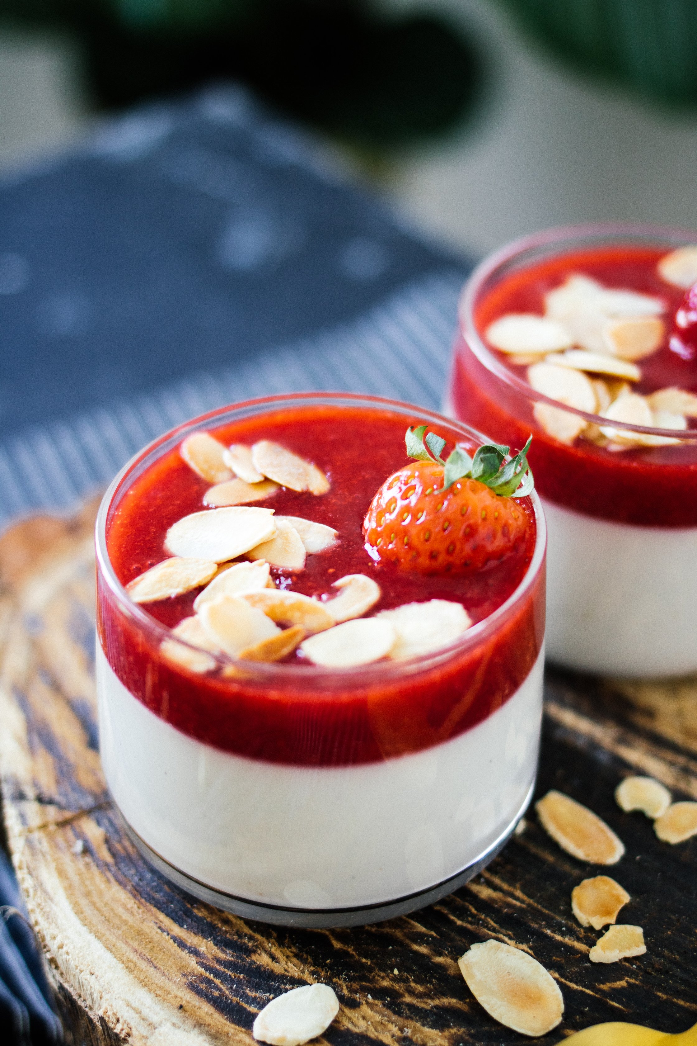 vegan panna cotta with almond slices