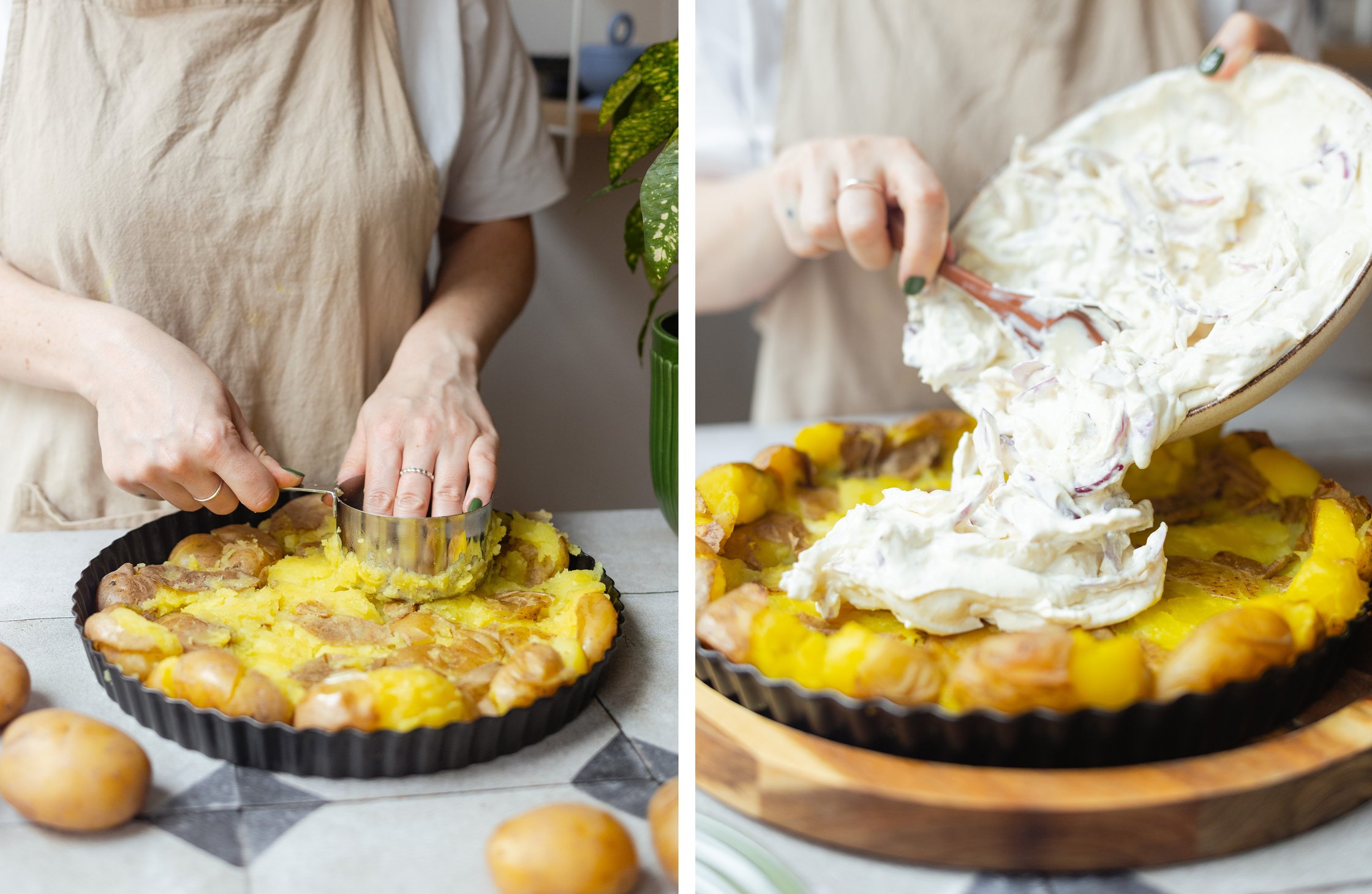 squashing cooked potatoes in a round baking dish; placing the quark filling on top of the potatoes
