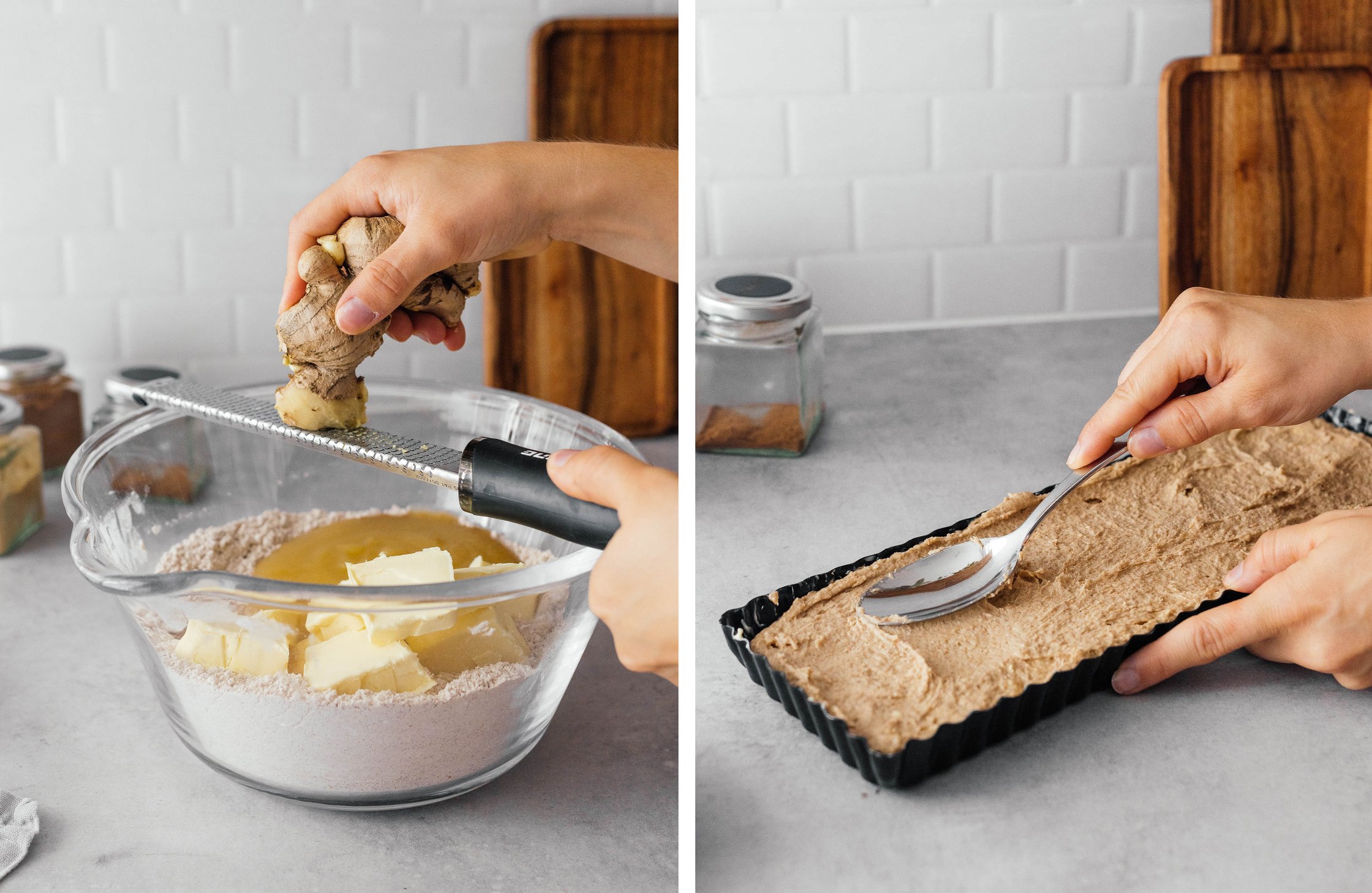 grating ginger; pouring batter into the mold