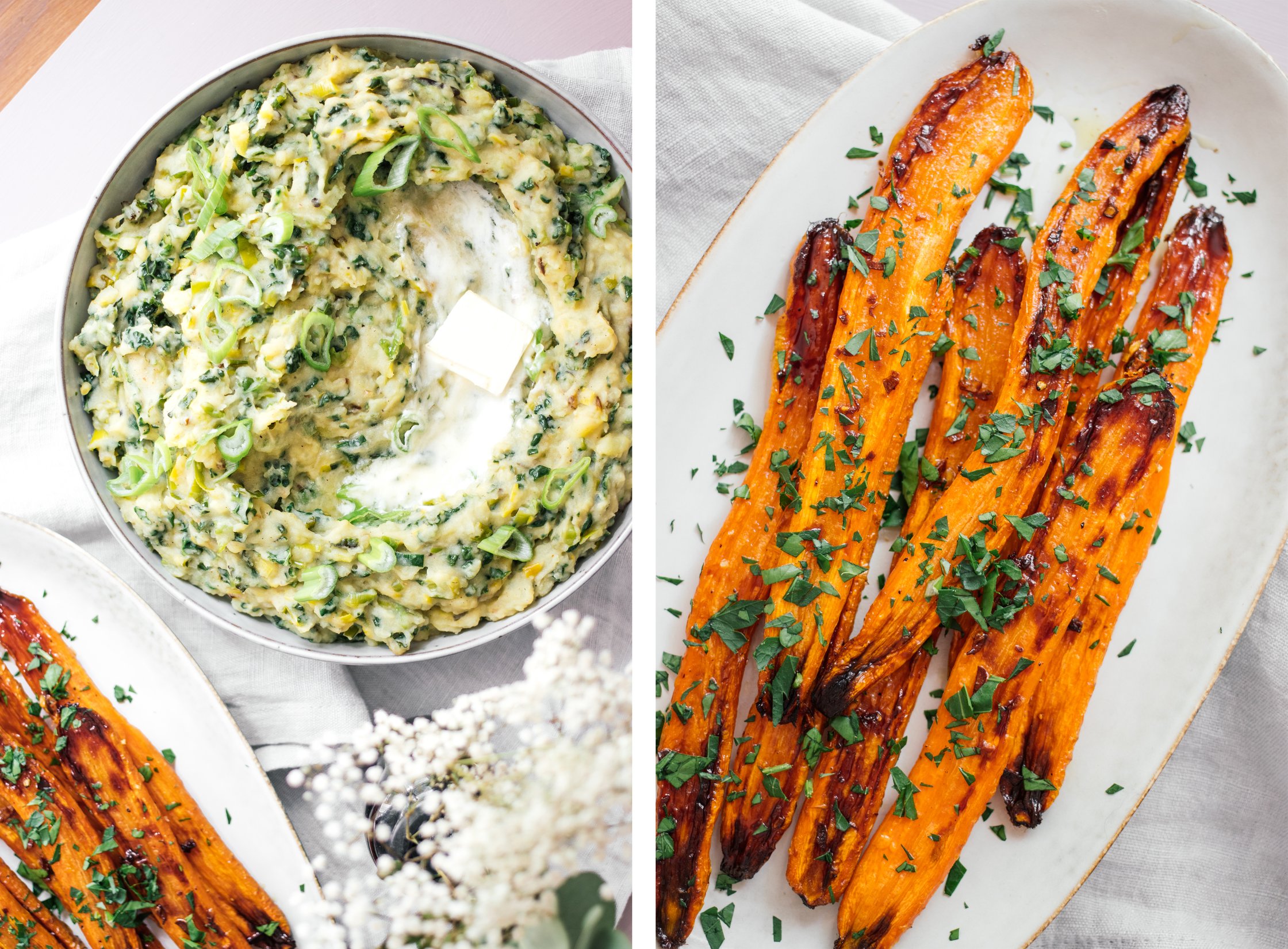 veganer colcannon kartoffelbrei mit möhren servierbereit
