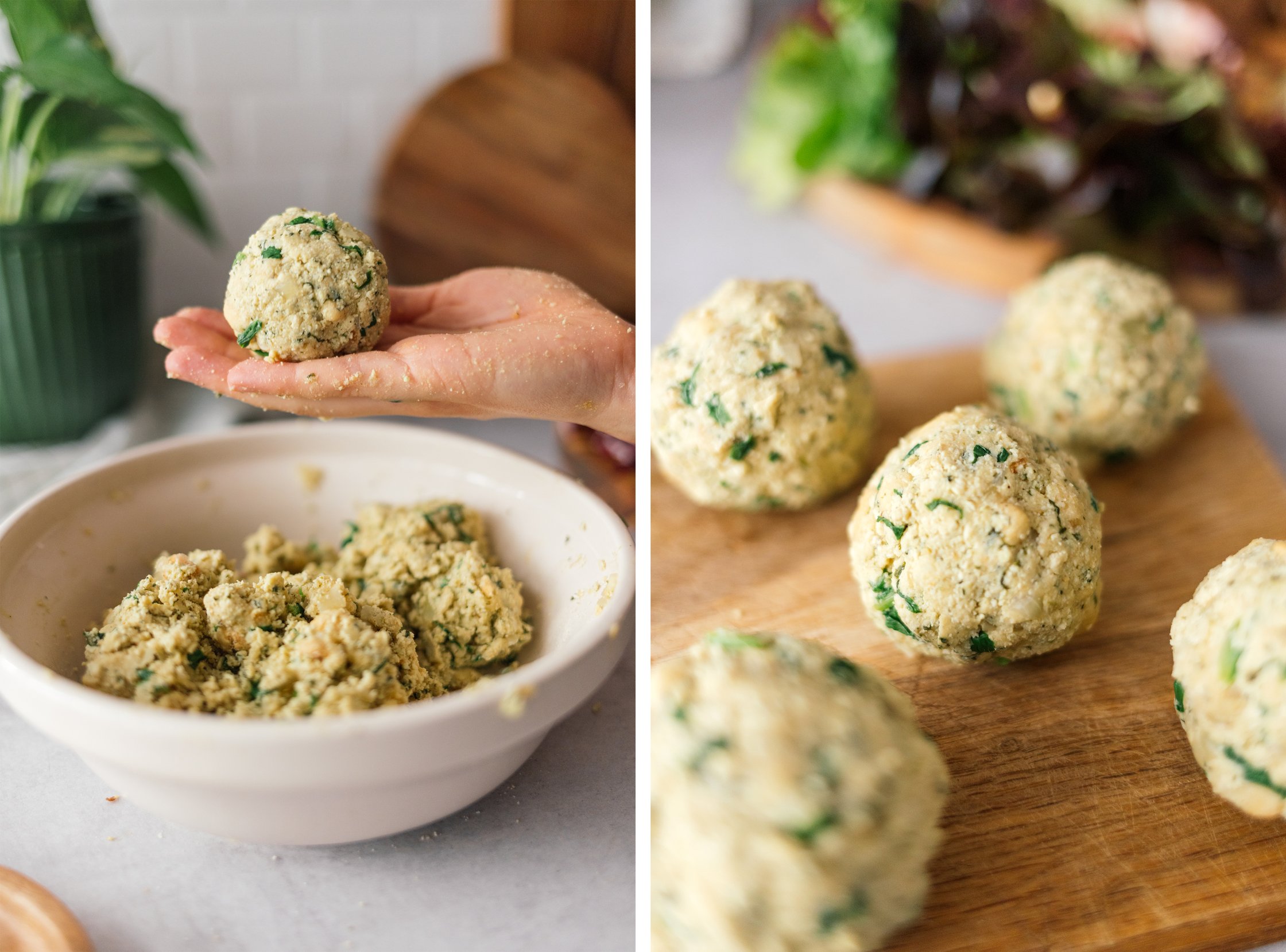 Spinat-Tofu-Knödel werden geformt