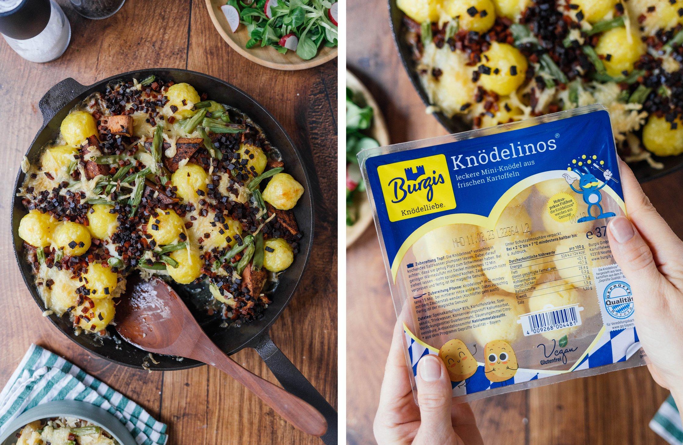 veganer Knödelauflauf mit Leberkäse und Sauerkraut; Knödelverpackung von Burgis