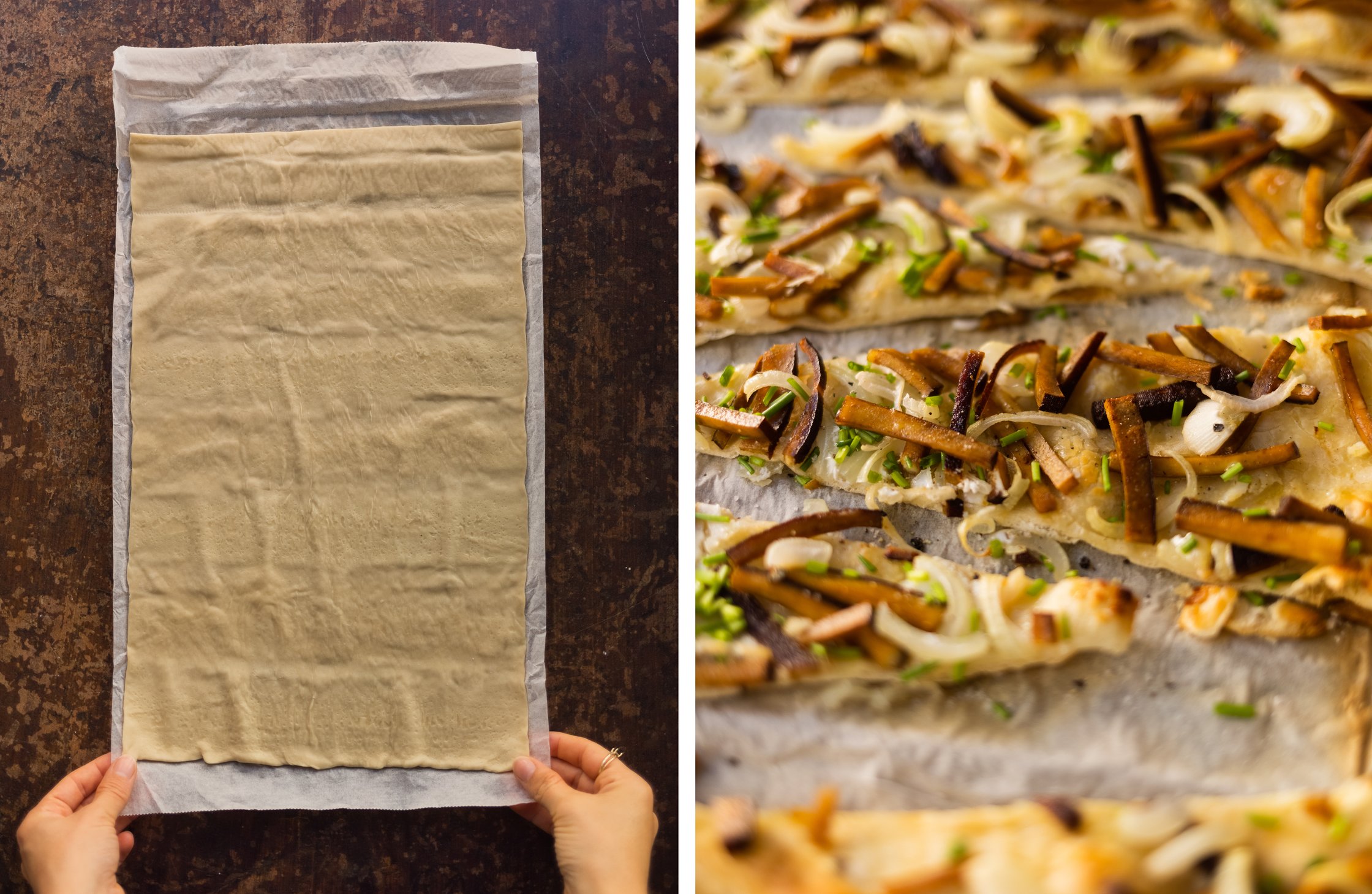 vegan tarte flambée made with store-bought pastry