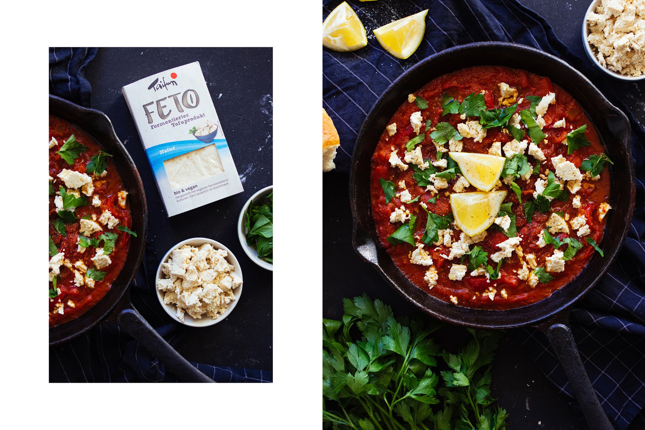 Shakshuka getoppt mit veganem Fetakäse