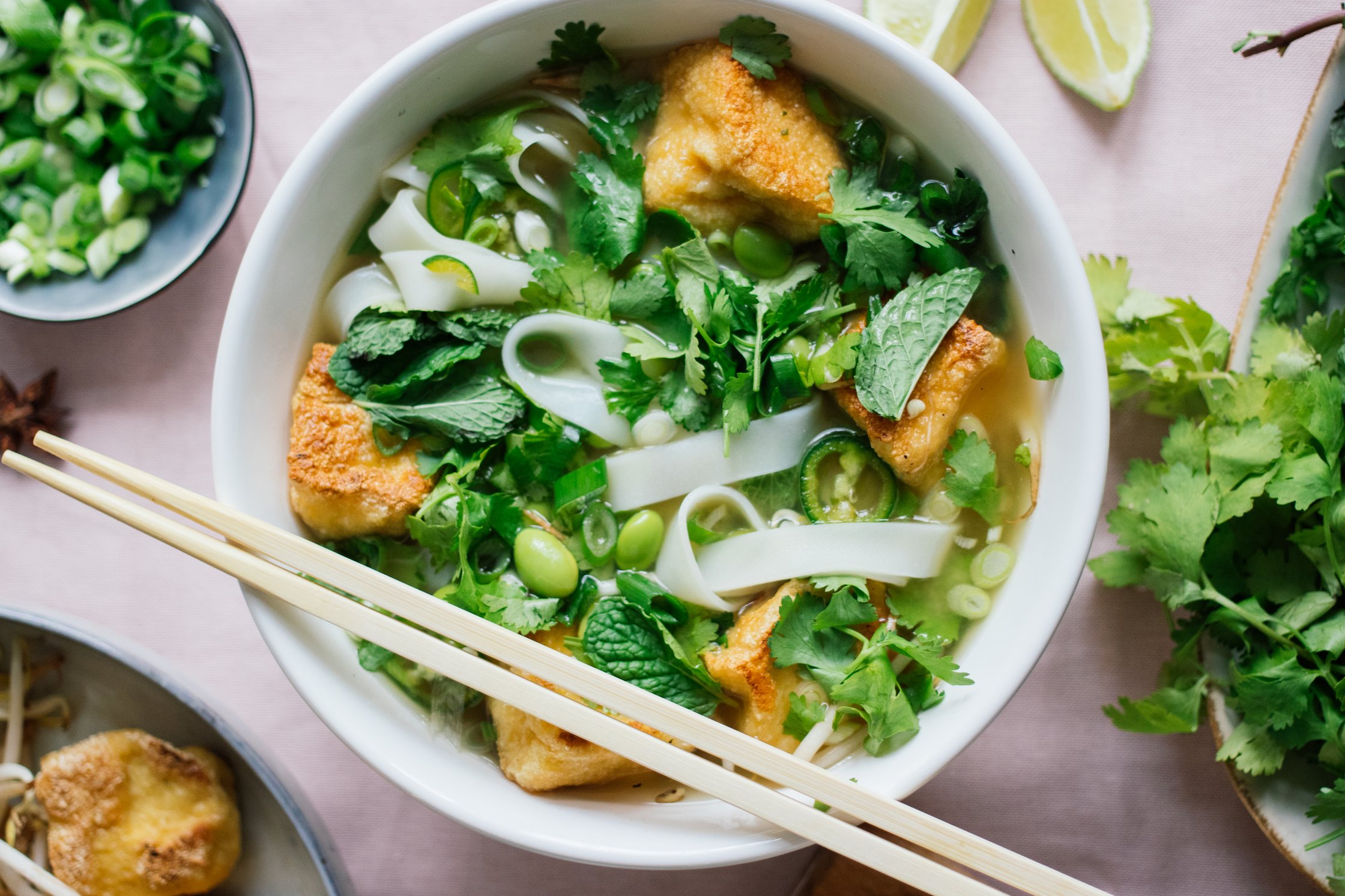 vegan pho is ready to eat with sticks