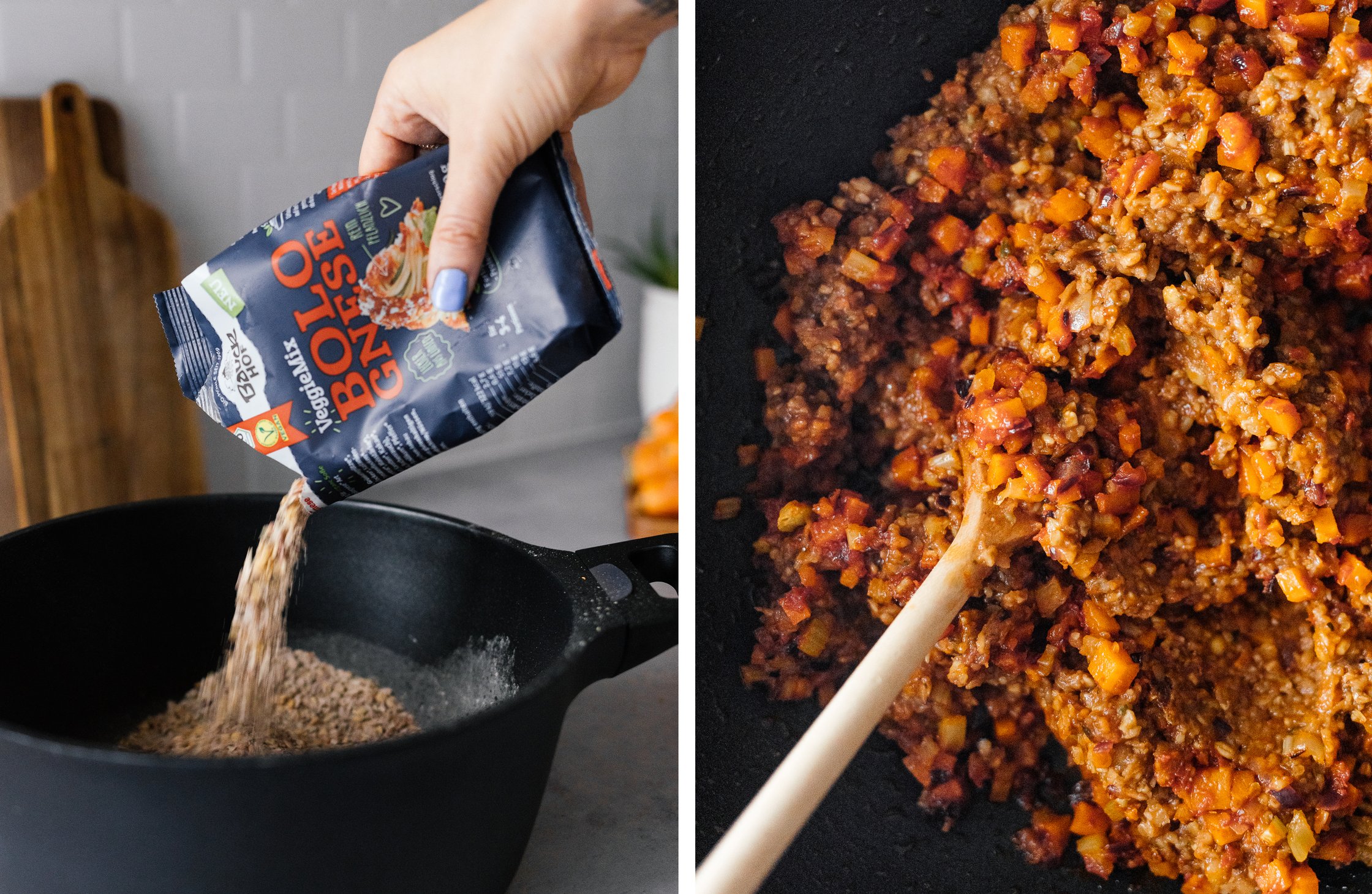 mixing vegan bolognese sauce