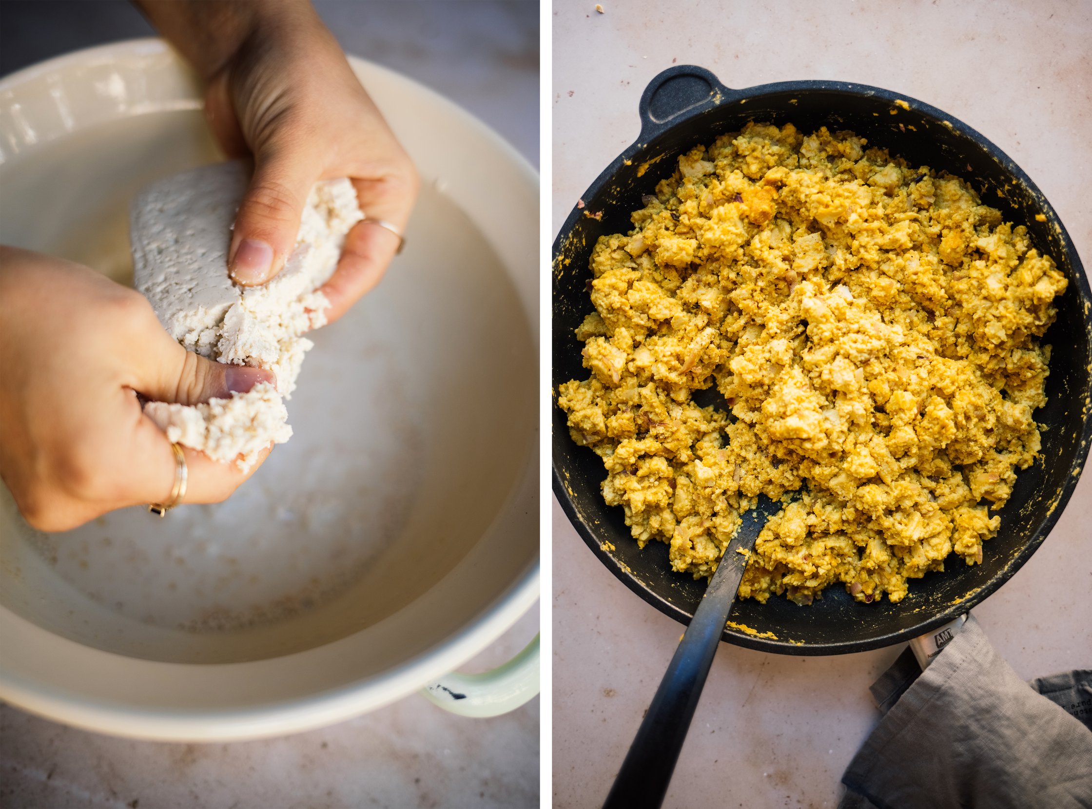 tofu and vegan scrambled tofu in a frying pan