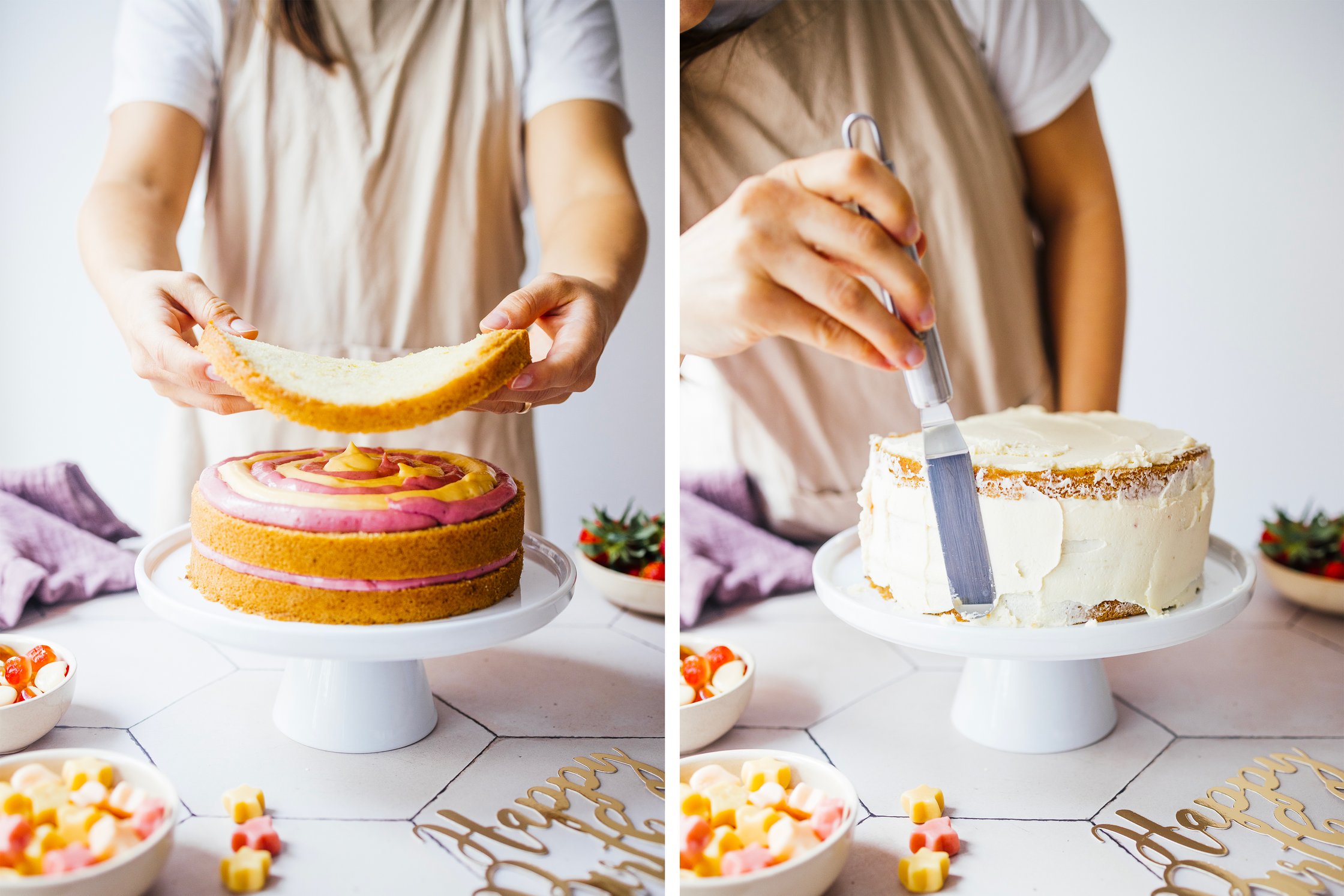building a vegan cake with sponge cake and butter cream