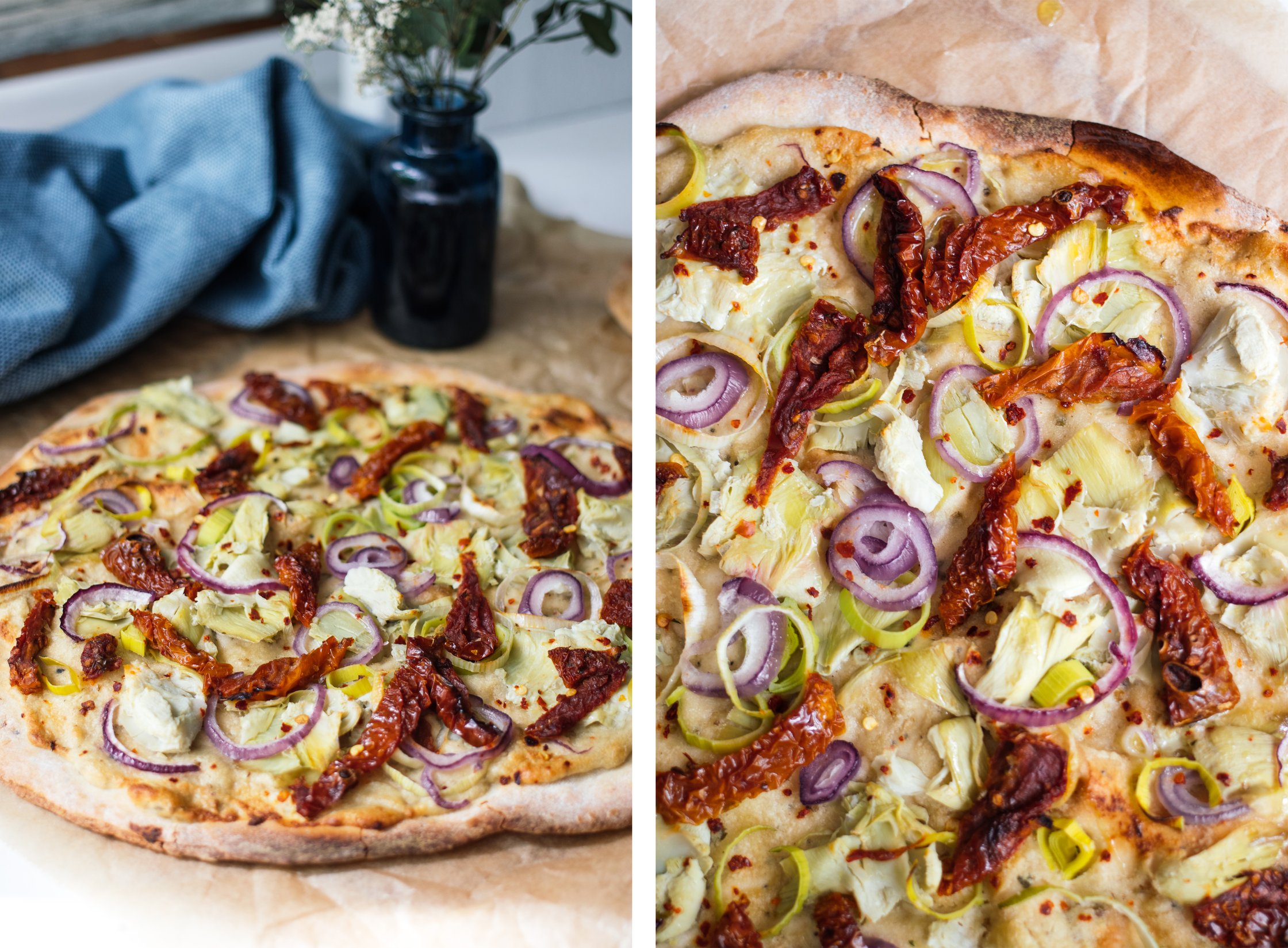 closeup of vegan pizza after baking