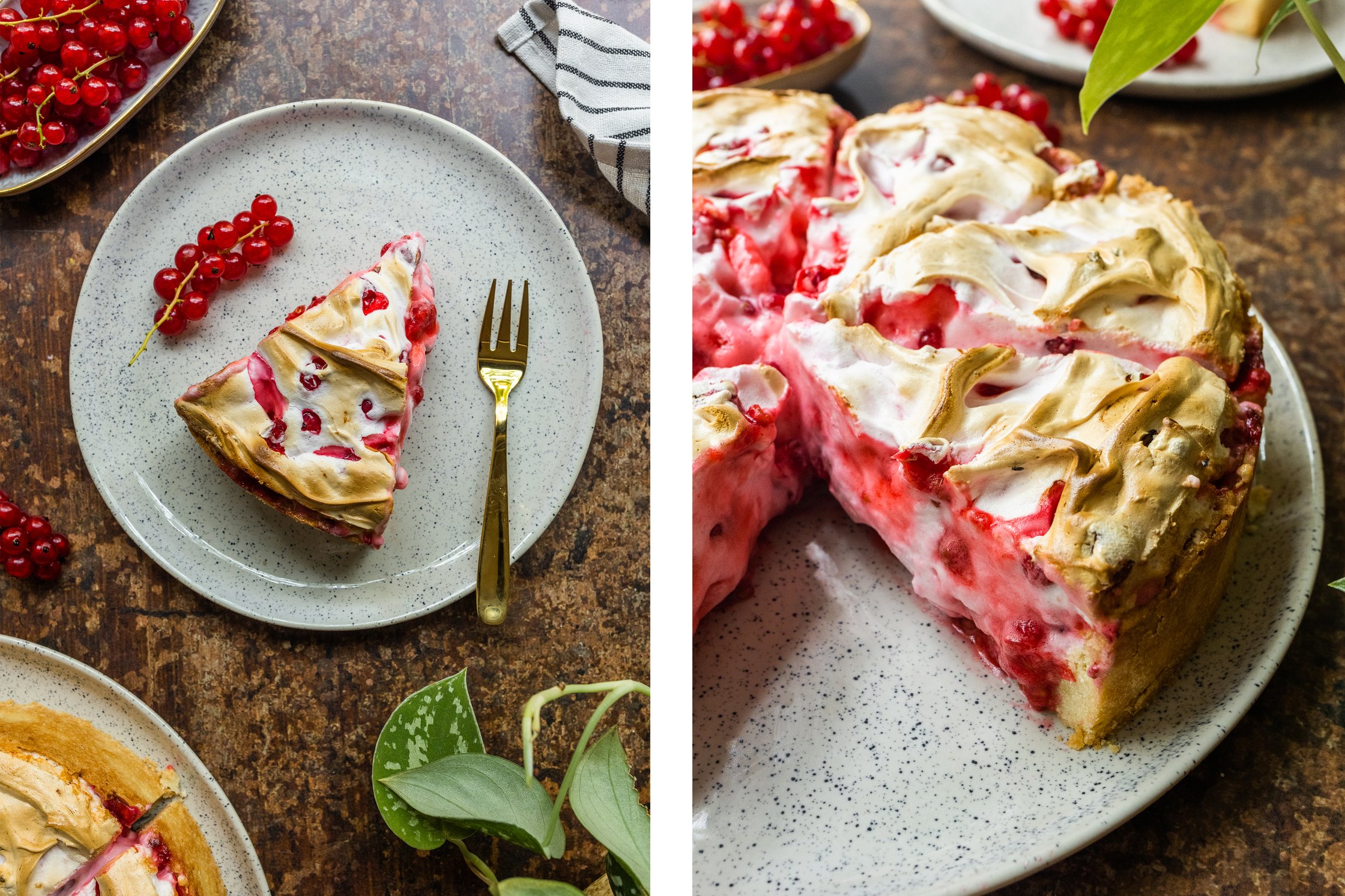Vegan cake on a plate with a fork and red currants