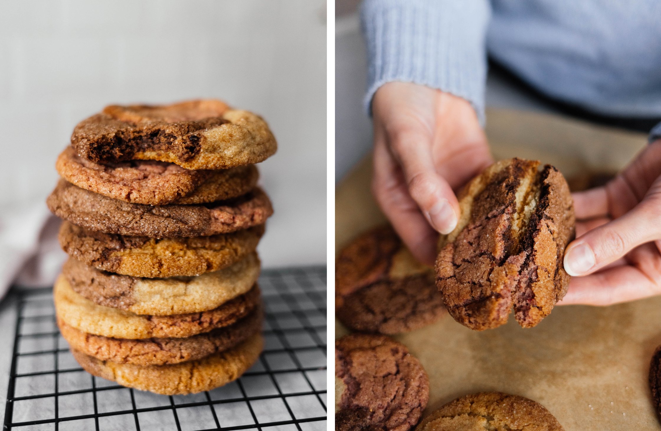 vegane Neapolitan Cookies gestapelt; veganer Neapolitan Cookie durchgebrochen