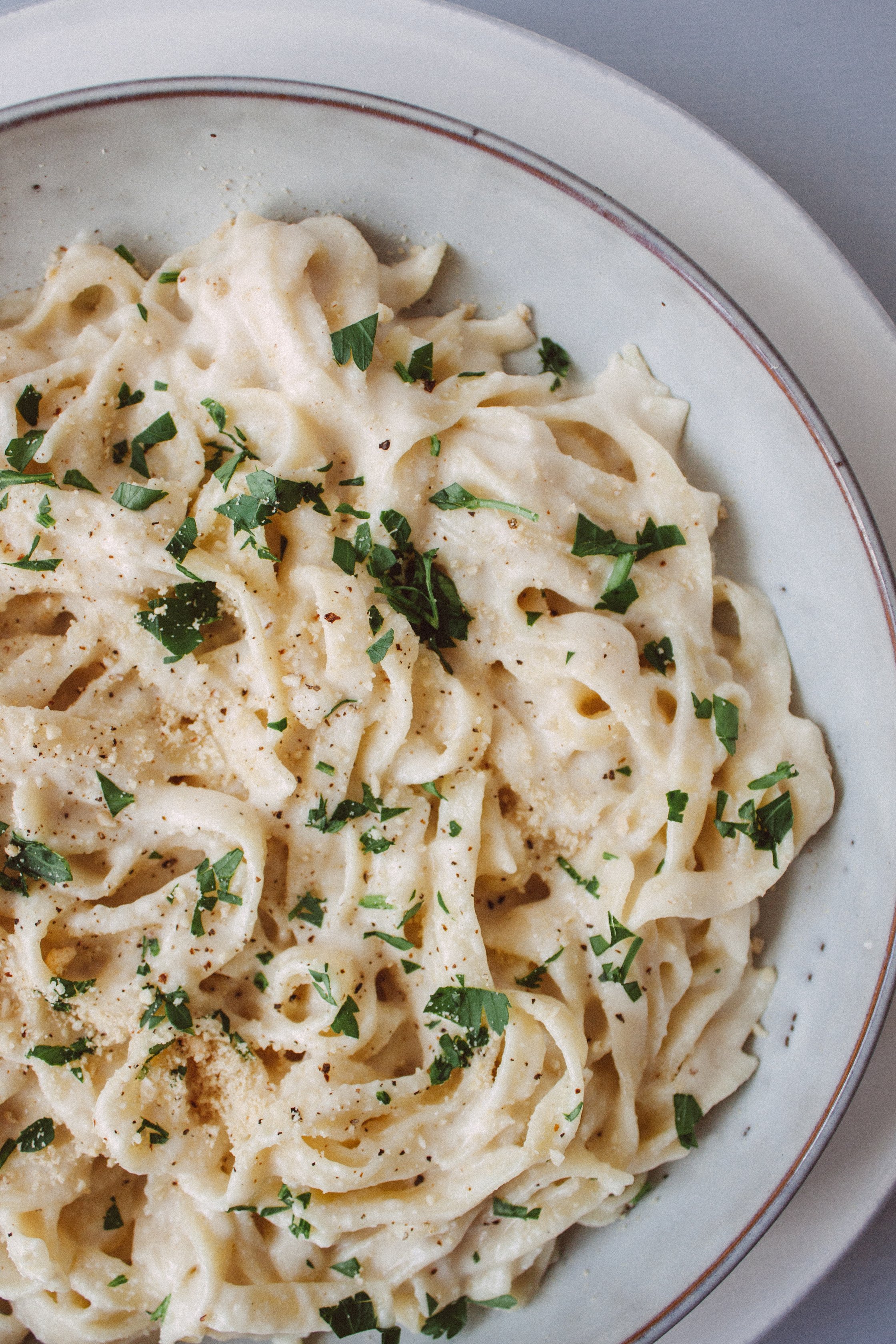 closeup of vegan Fettuccine Alfredo