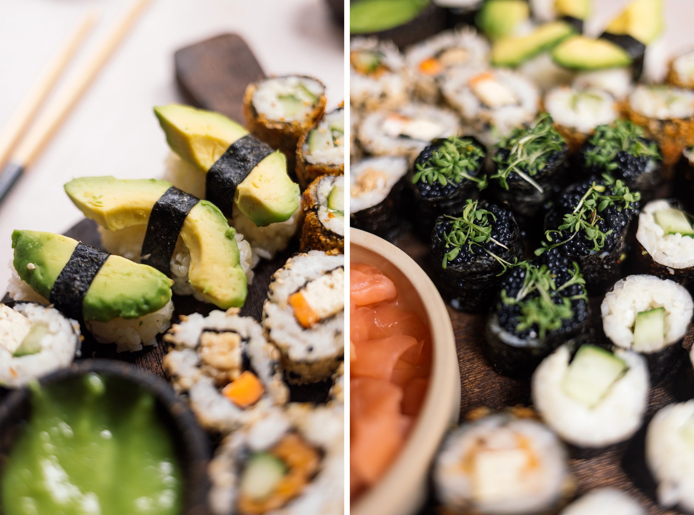 vegane Sushiplatte mit Nigiri und Gunkan Maki