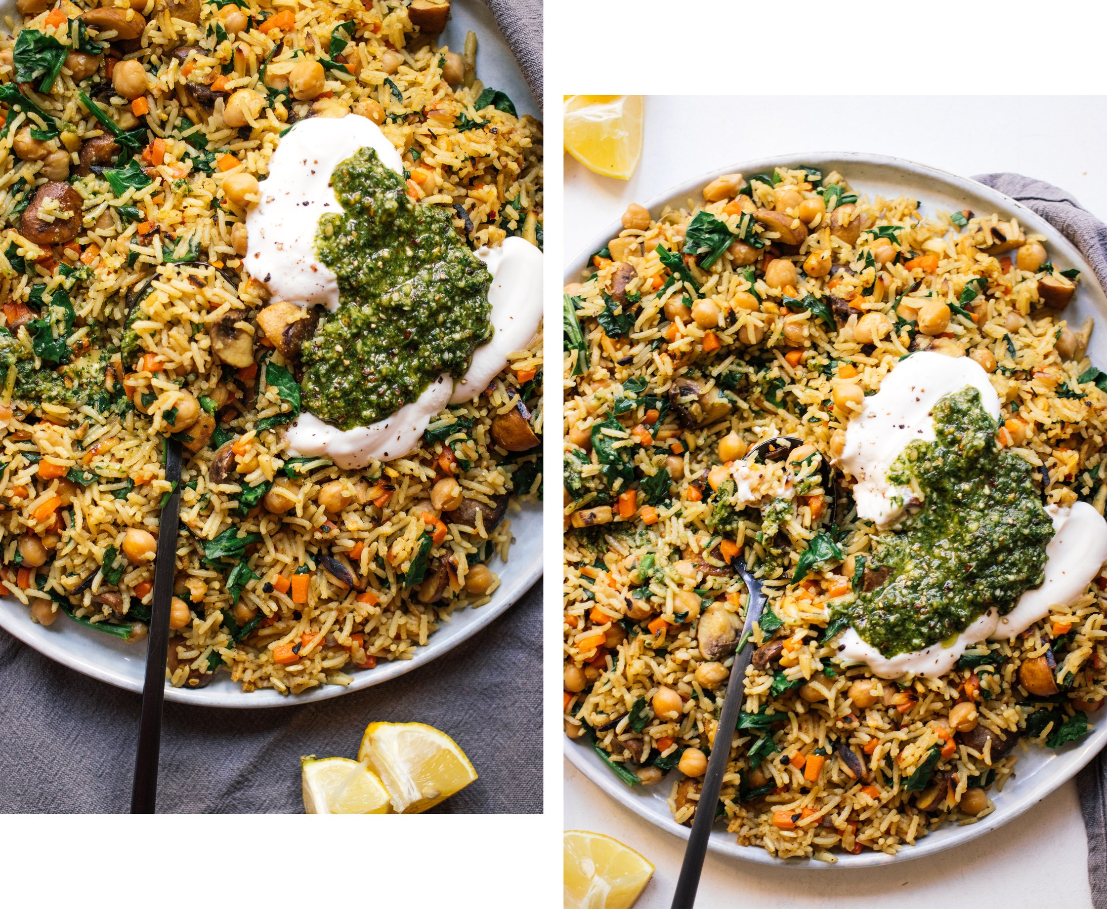 Veganes Pilaw mit Kichererbsen und Pilzen serviert mit pflanzlichem joghurt und grünem pesto