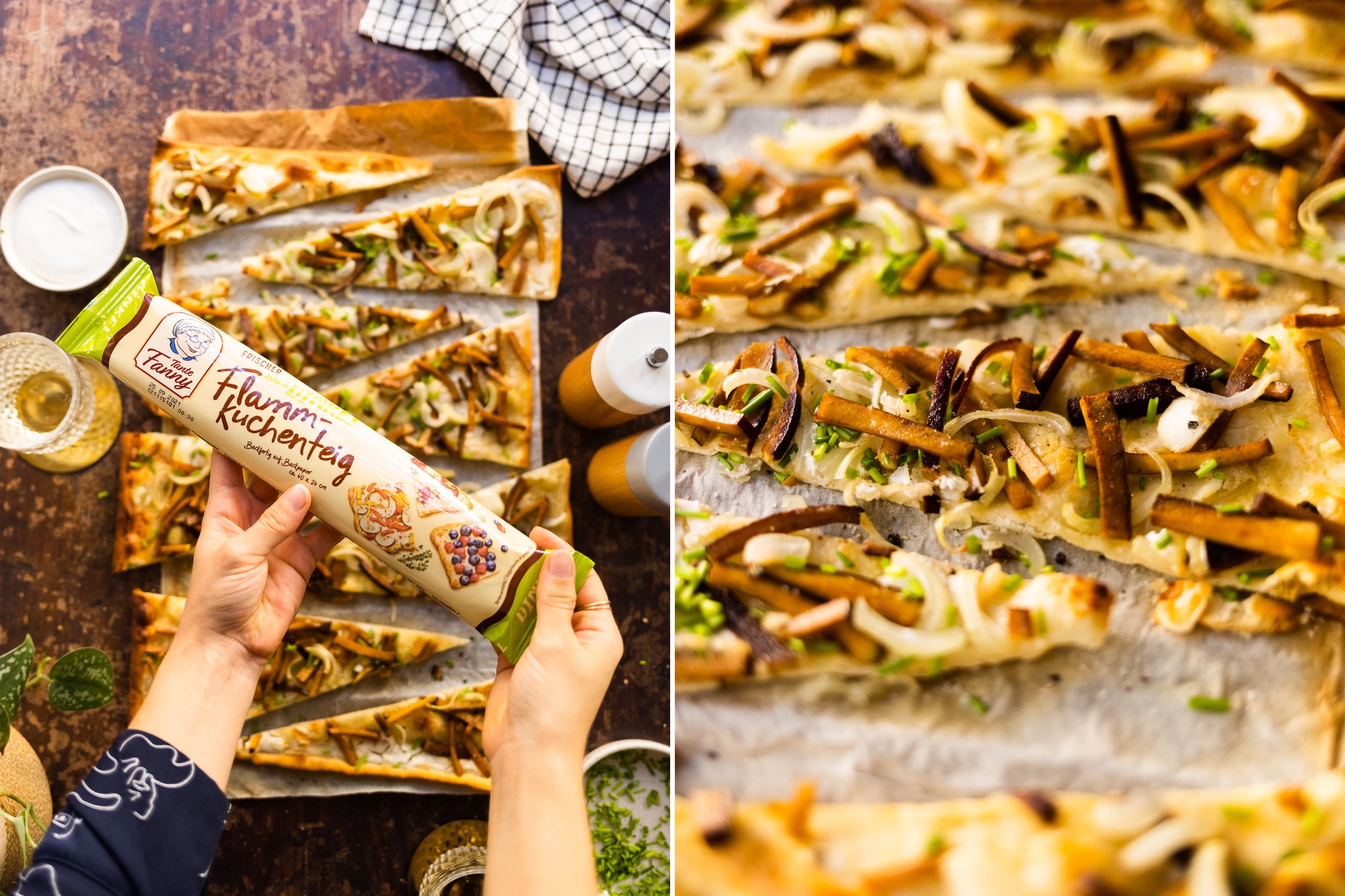 Gebackener Flammkuchen Elsässer Art in Stücke geschnitten