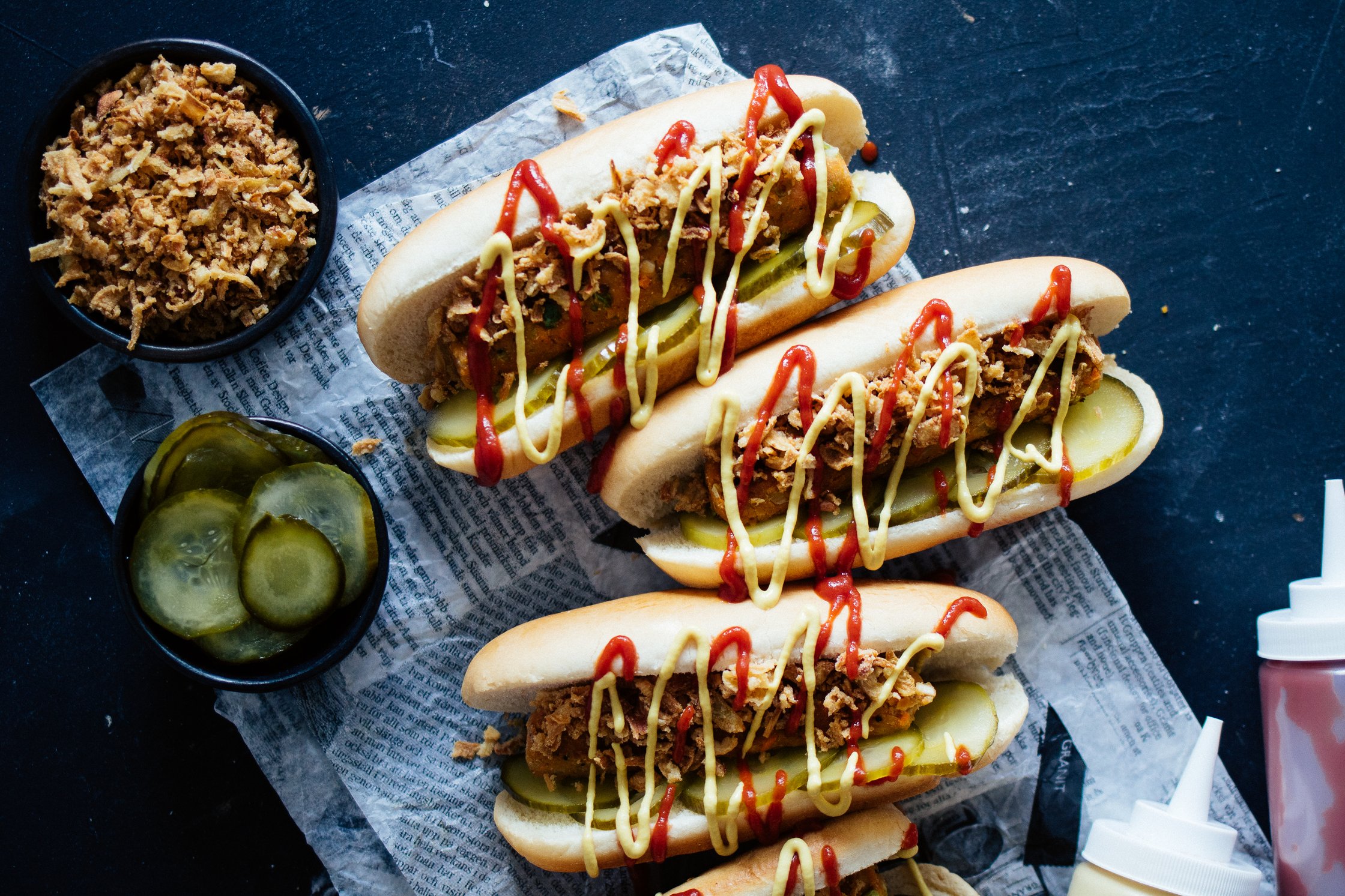 vegan Hot Dogs with roasted onions and gherkins