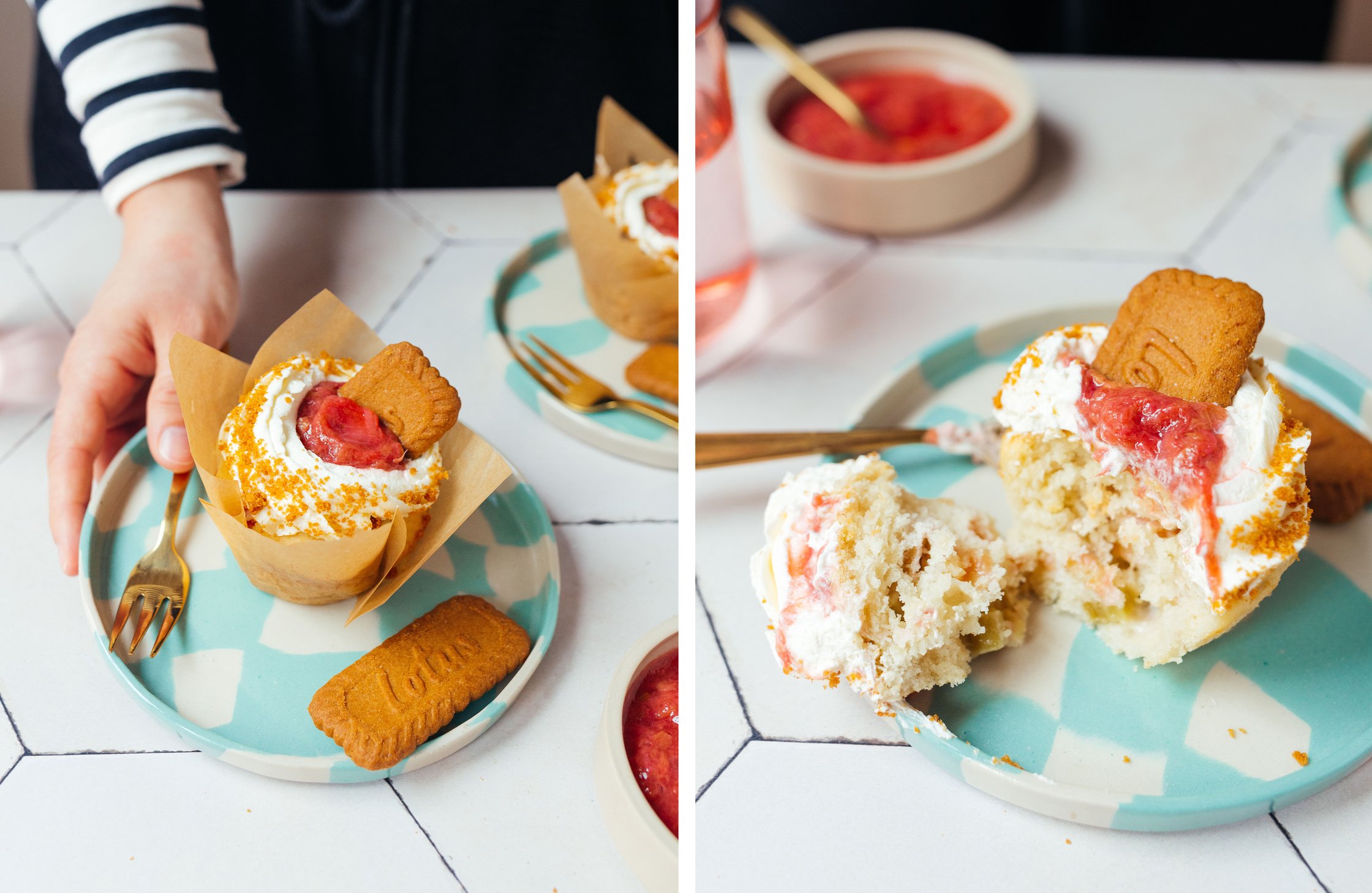 vegan rhubarb muffins with biscoff served on a plate; muffin can be seen from the inside