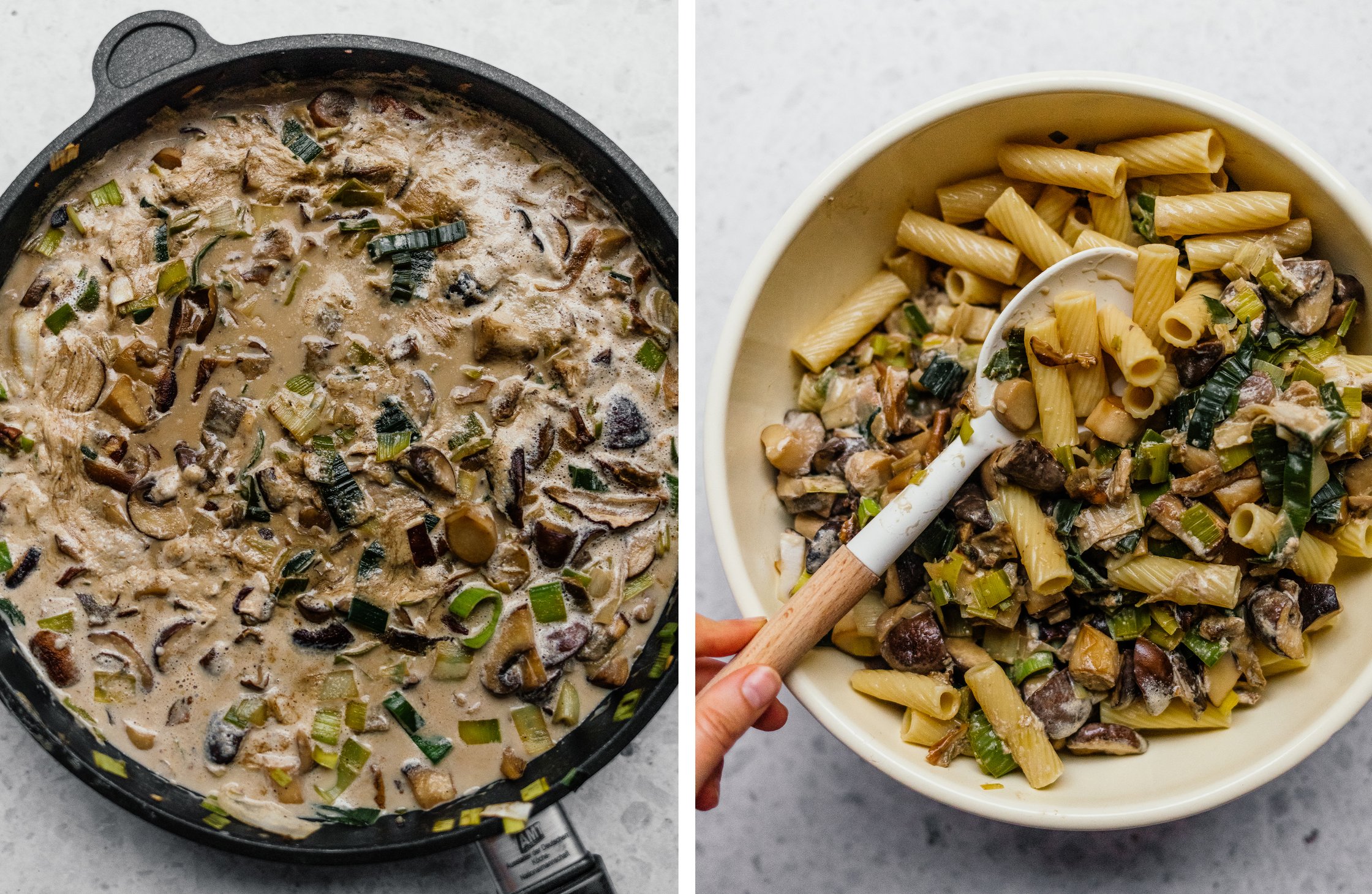 simmering vegan cream mushrooms; adding mushroom sauce to pasta