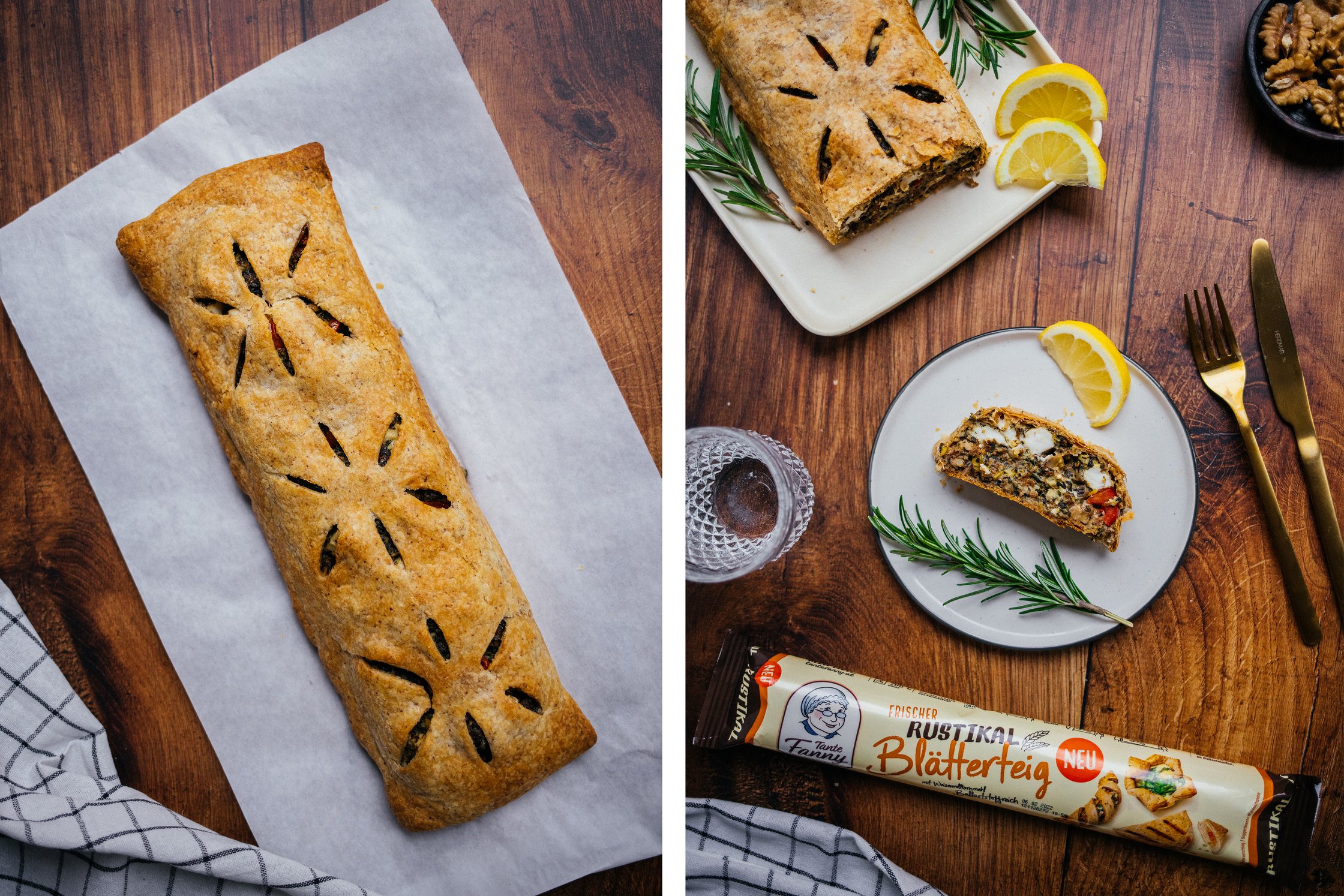 Fertig gebackener, herzhafter Blätterteigstrudel.