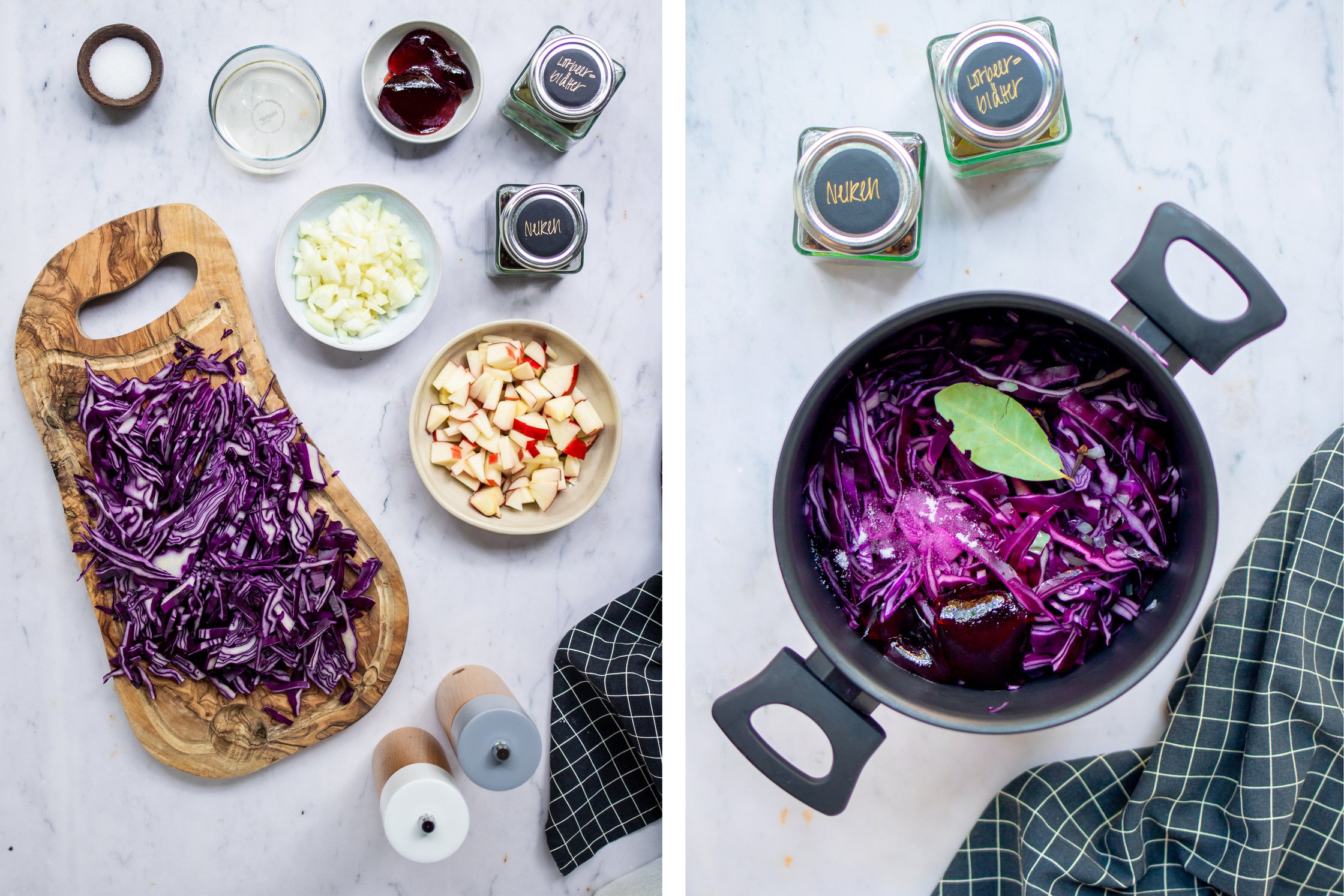 Ingredients for simple red cabbage with apples on a white background. Next to it is a pot with red cabbage.