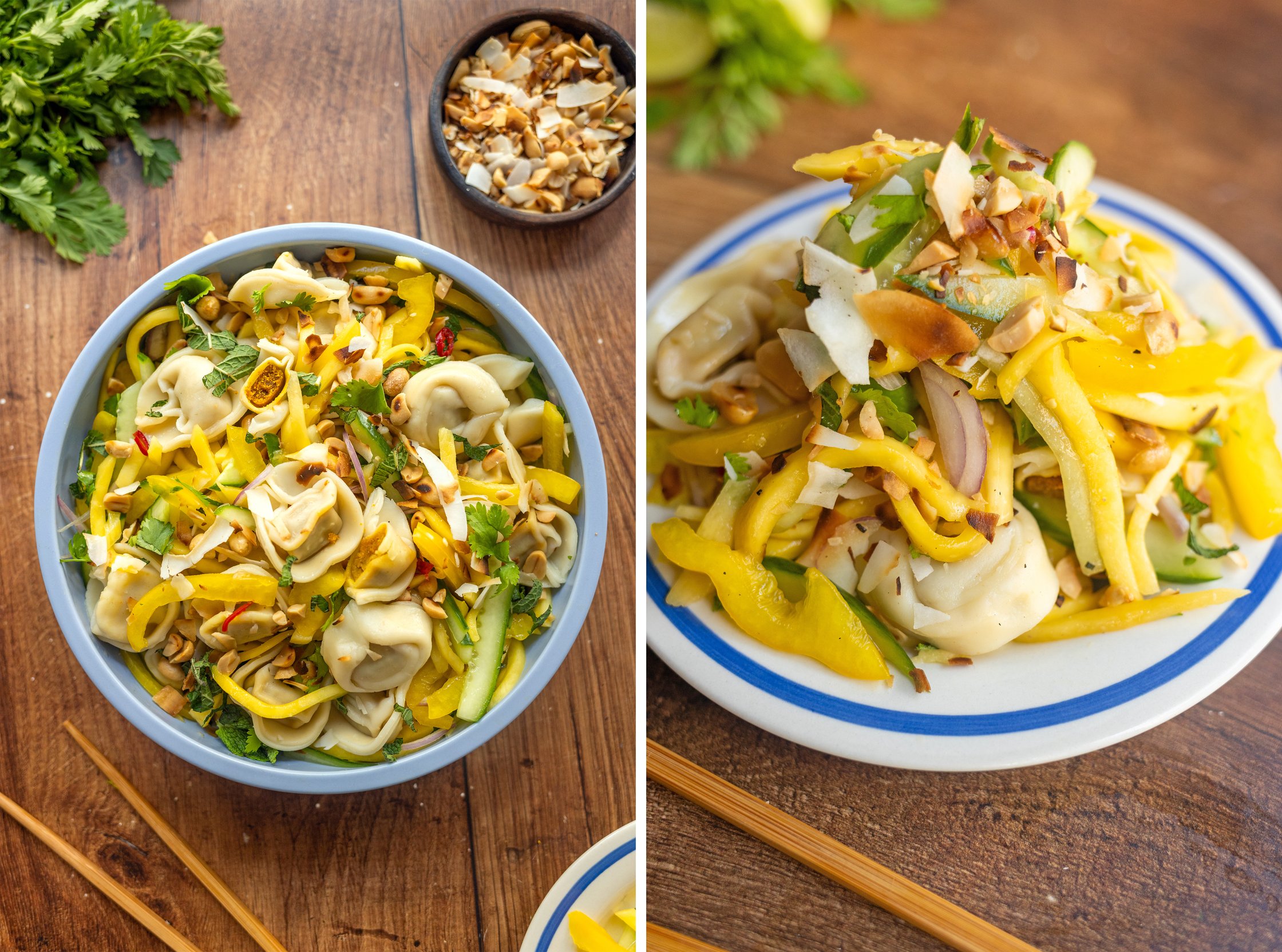 ein teller mit Sommerlichem Tortellini-Mango-Salat mit Limettendressing