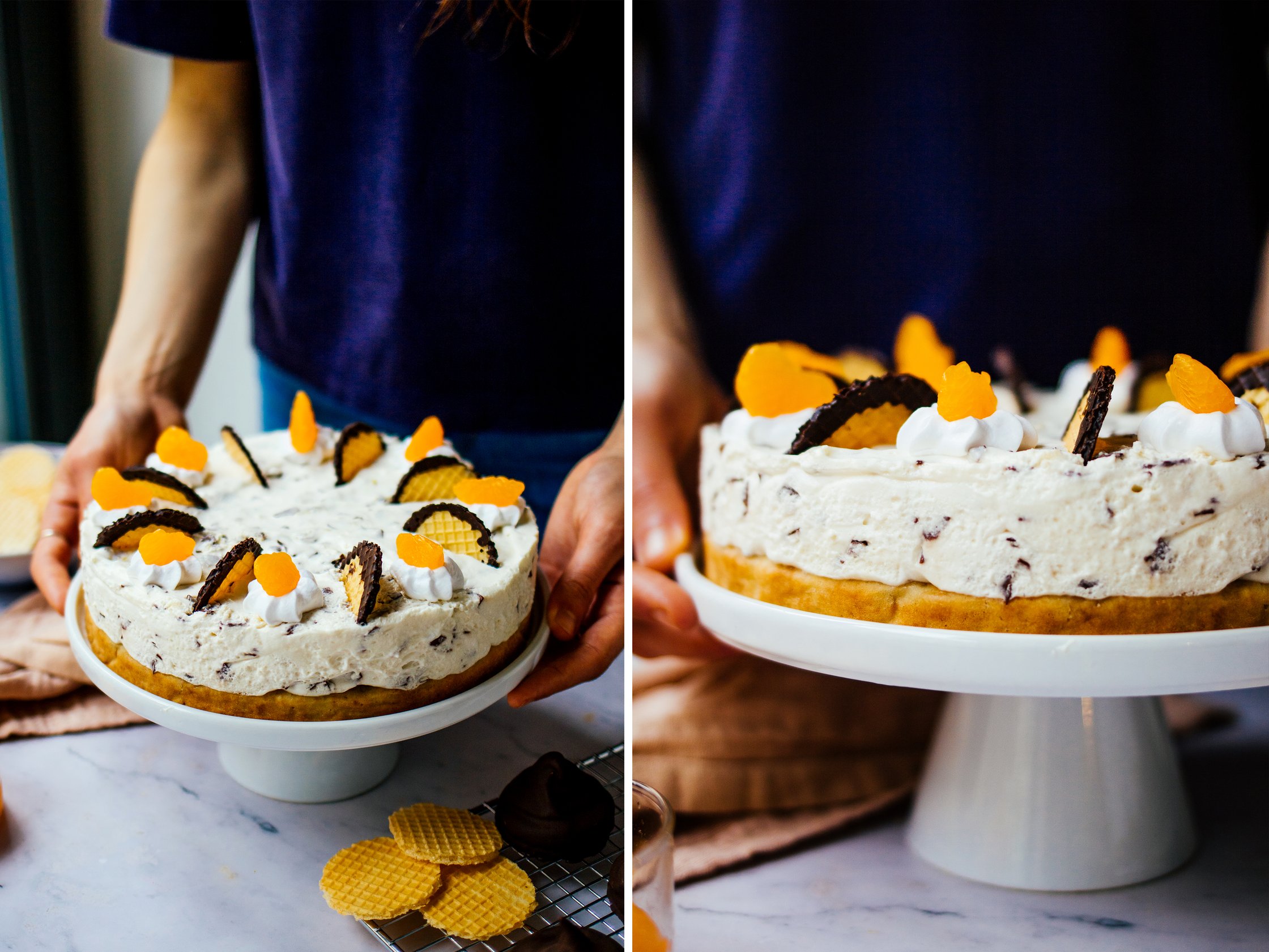 vegane Schaumkuss-Torte mit Mandarinen und Waffeln