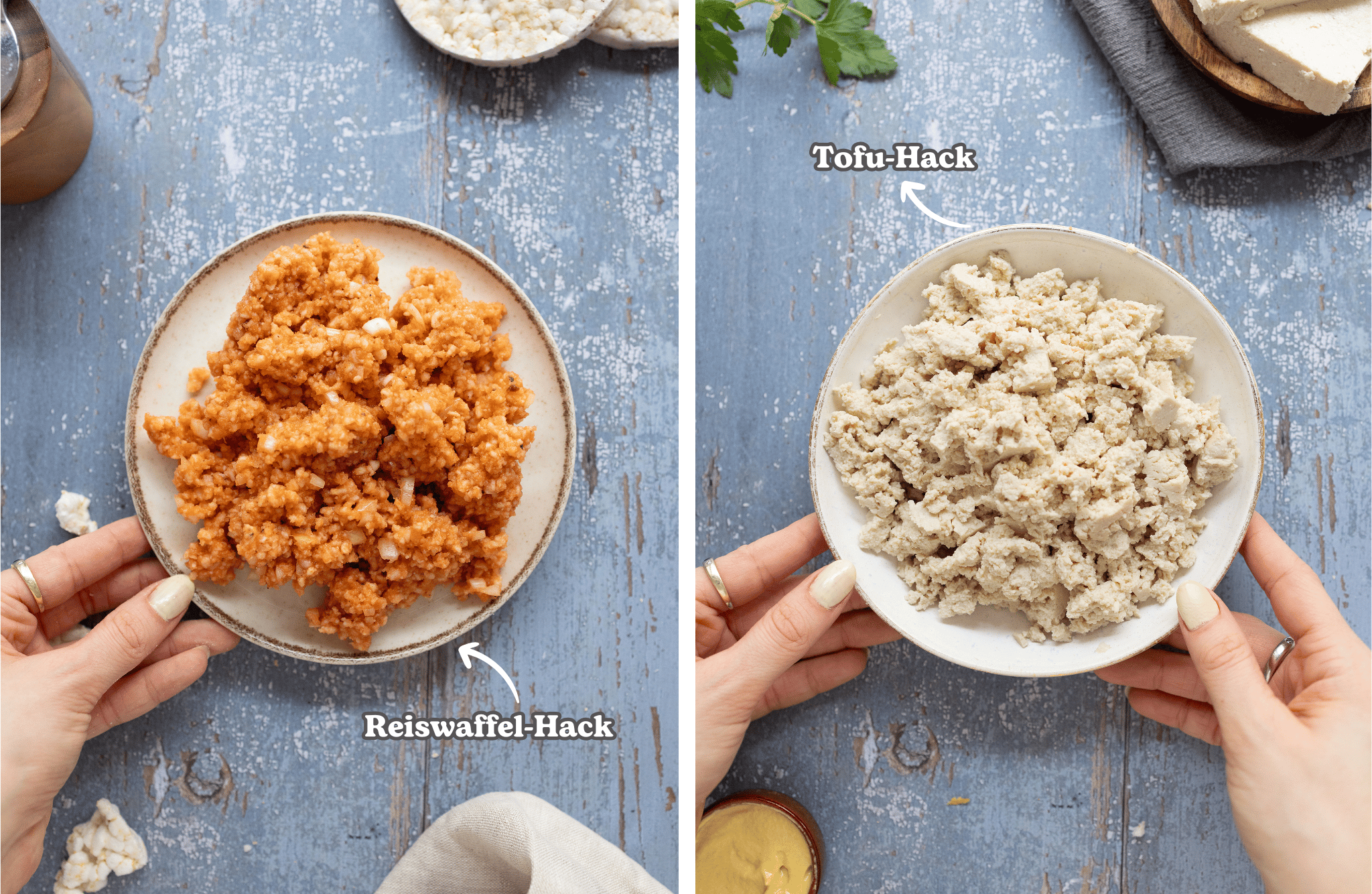 left: vegan Rice Cracker Minced Meat
right: vegan Tofu Minced Meat