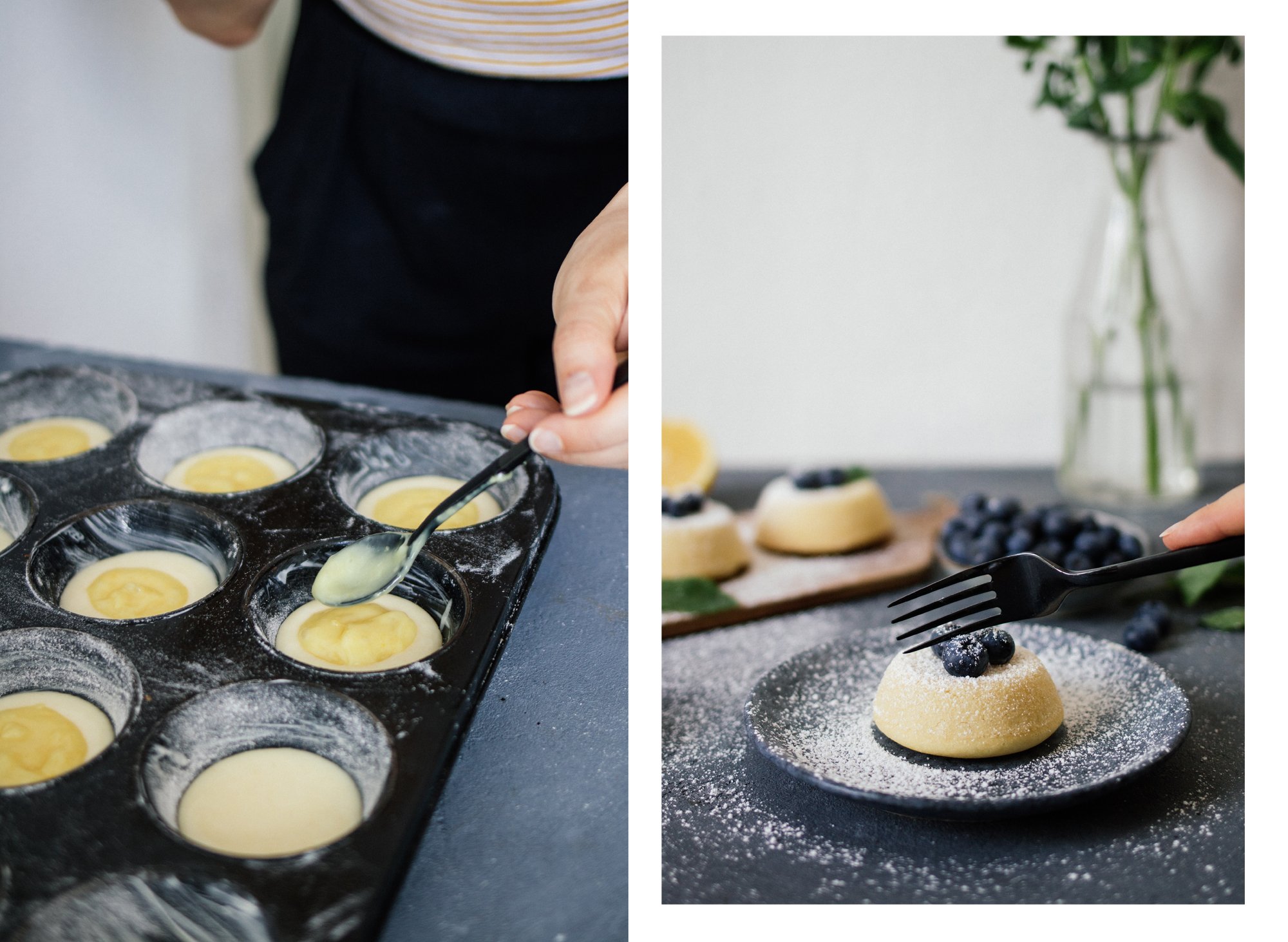 vegan lemon cakes are baked and cut open