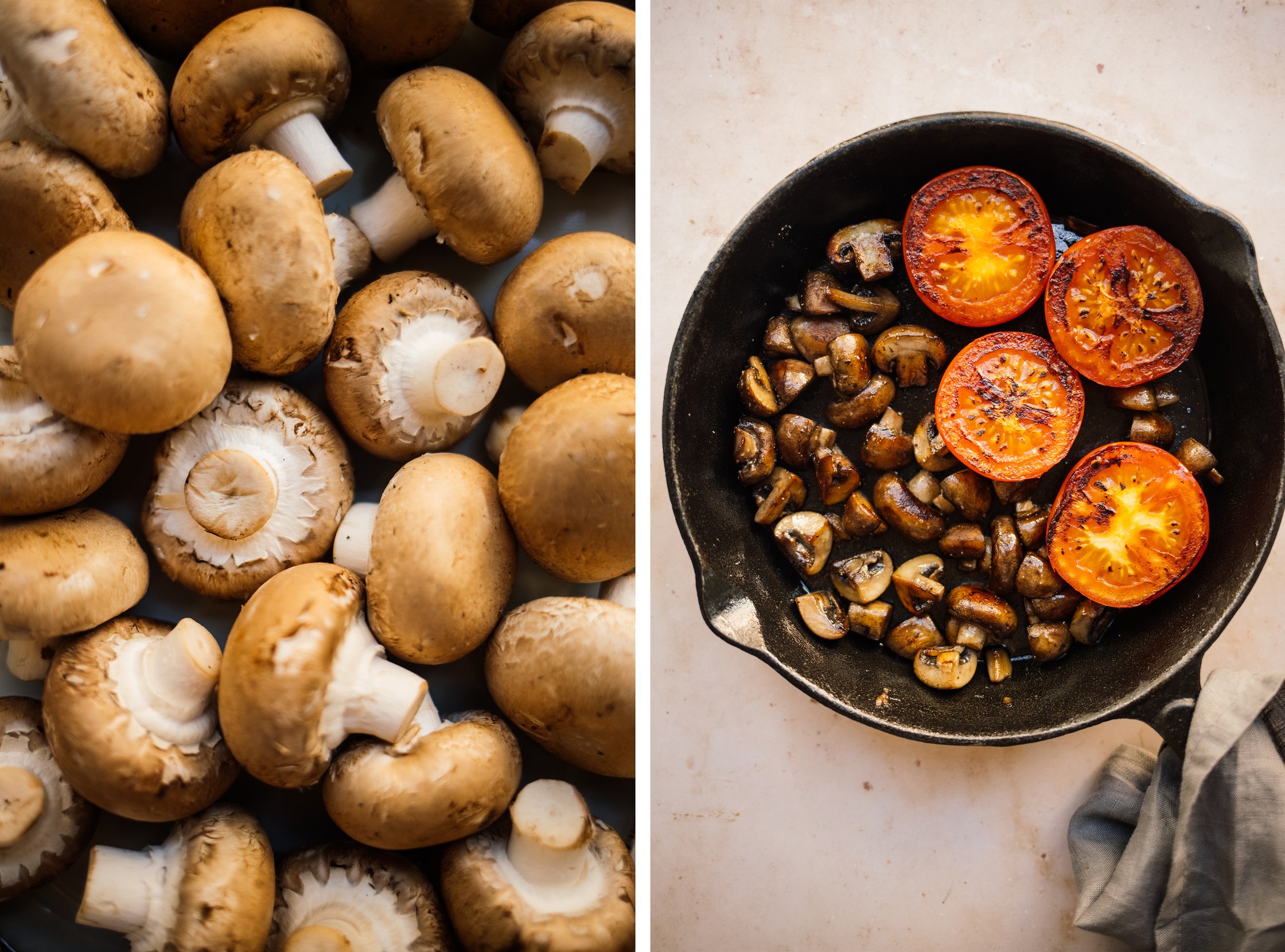 button mushrooms before and after frying with tomatoes