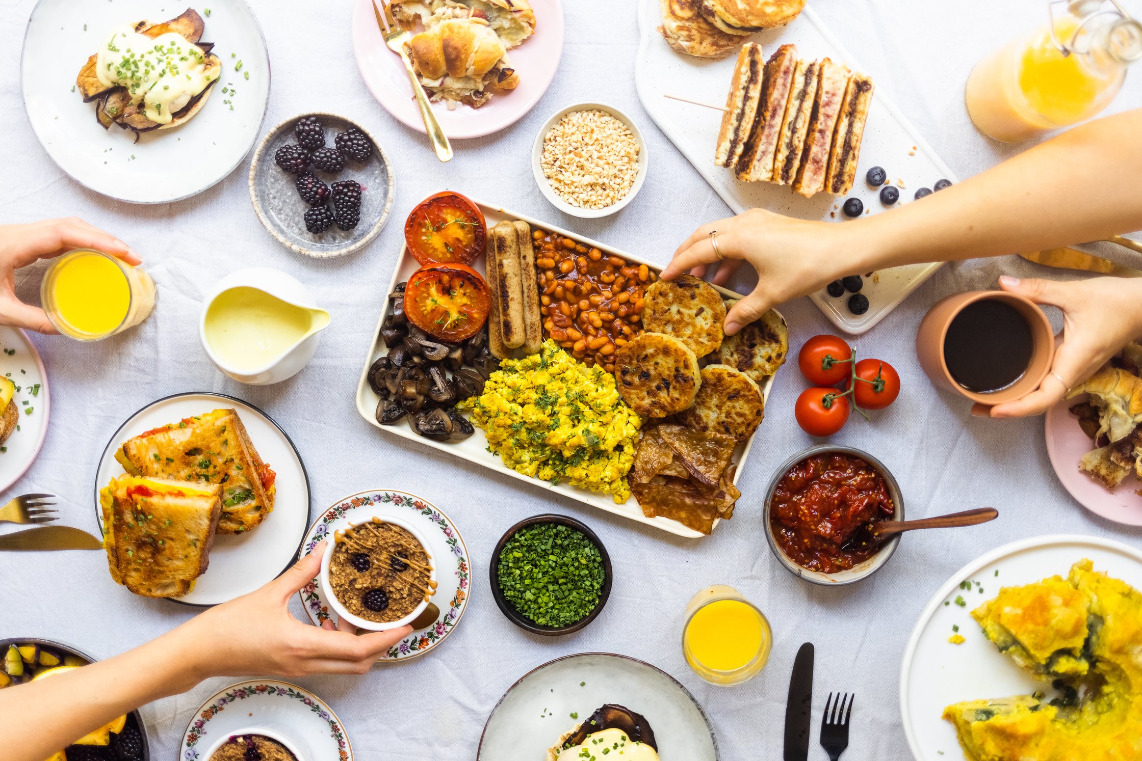 7 vegan breafast dishes on a table