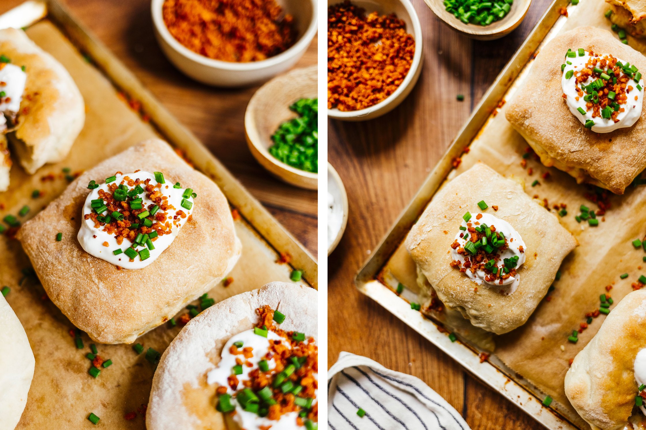 Veganes Handbrot auf Brettchen mit Sour Cream und Schnittlauch