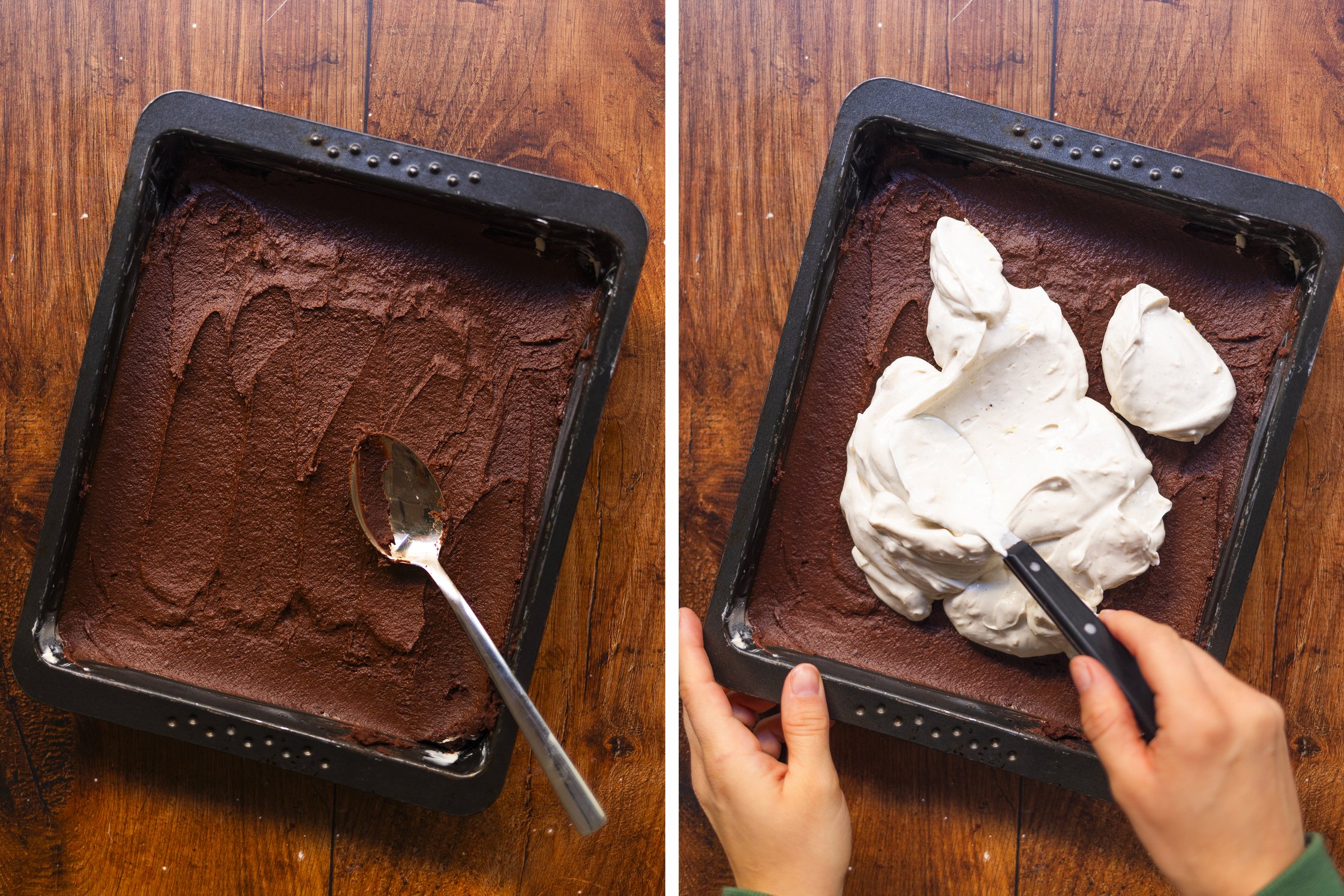spreading cheesecake creme on brownie batter
