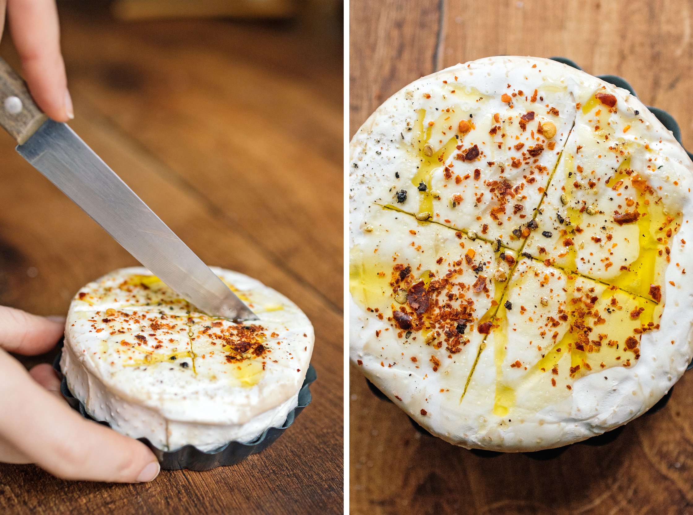 veganen camembert einschneiden und mit öl und kräutern toppen