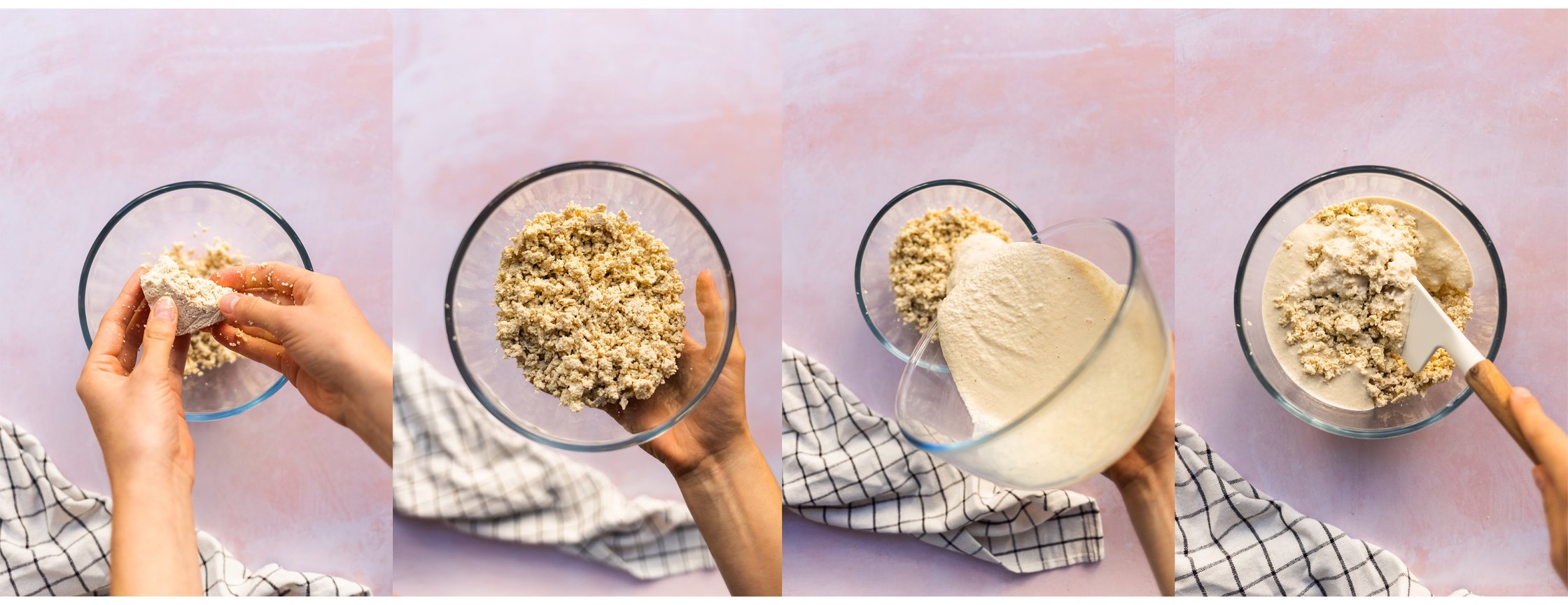 Veganer selbstgemachter körniger Frischkäse in der Zubereitung, in einer Schüssel