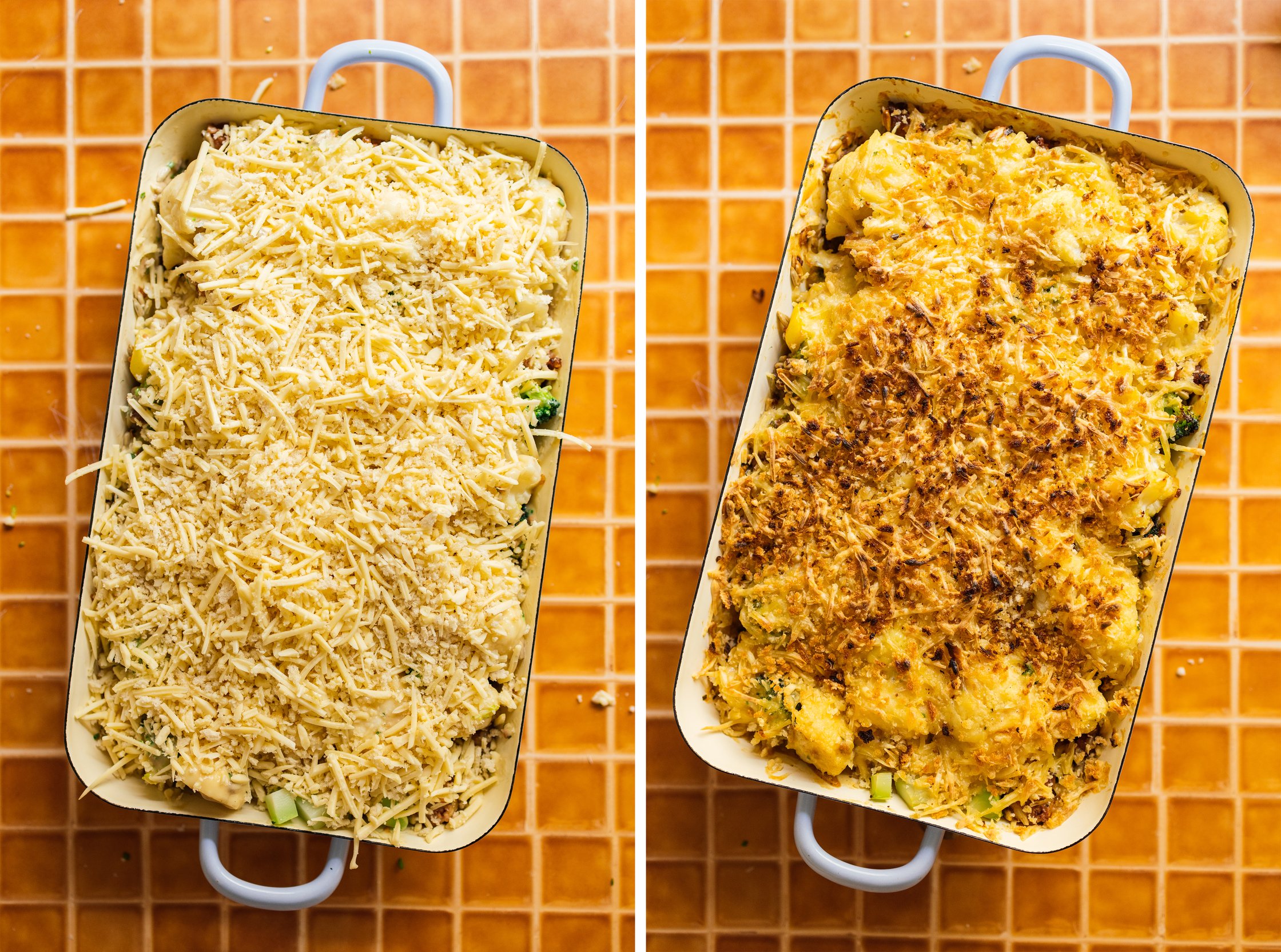 Cauliflower-Broccoli Casserole with Vegan Mince before and after baking