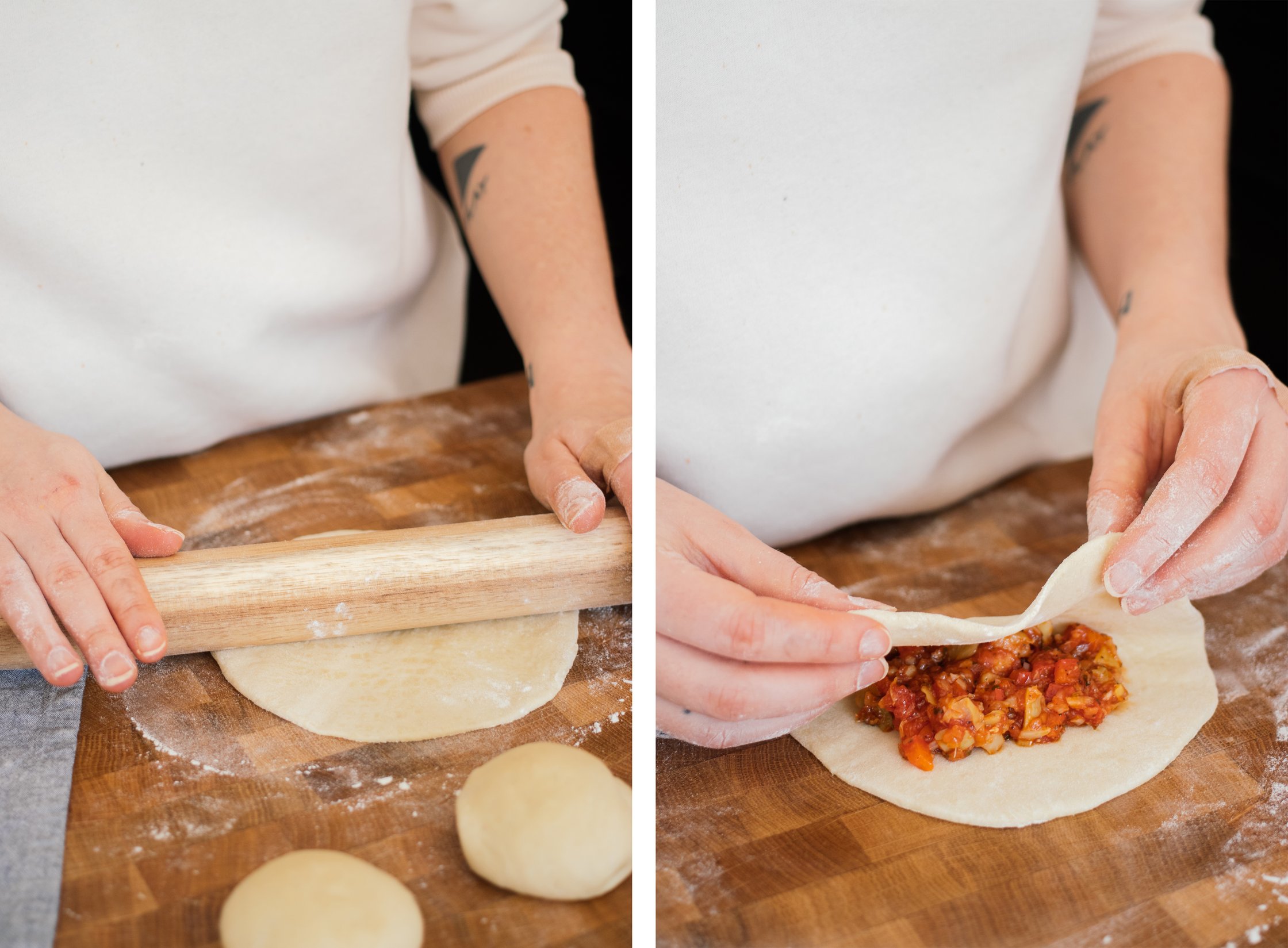 rolling out and filling vegan panzerotti