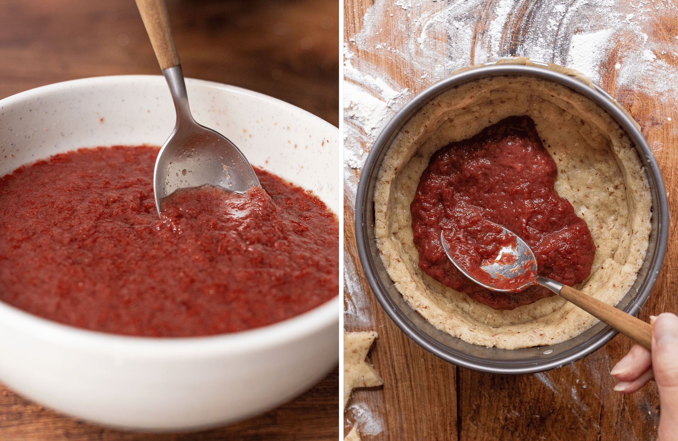 On the left side there is the strawberry-gelee made of the flakes and on the right the glee is put on the dough